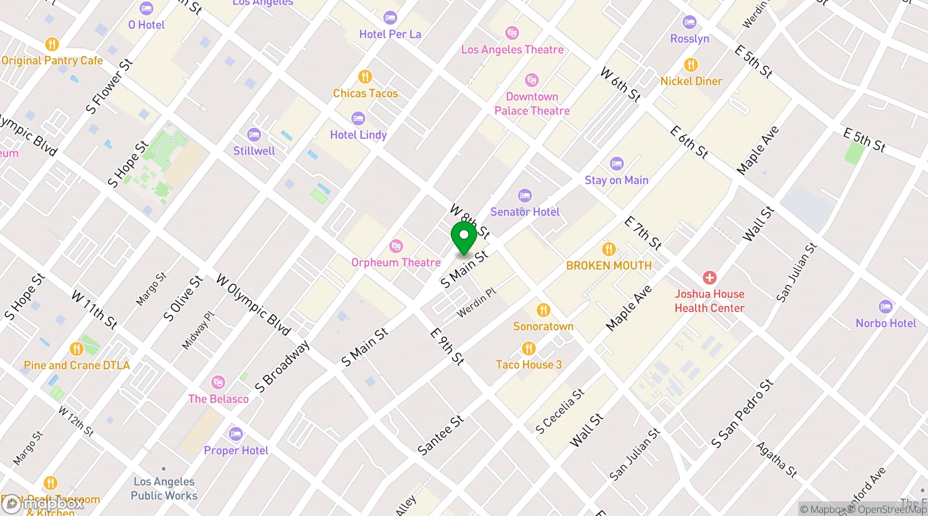 Map showing Orpheum Theatre Los Angeles