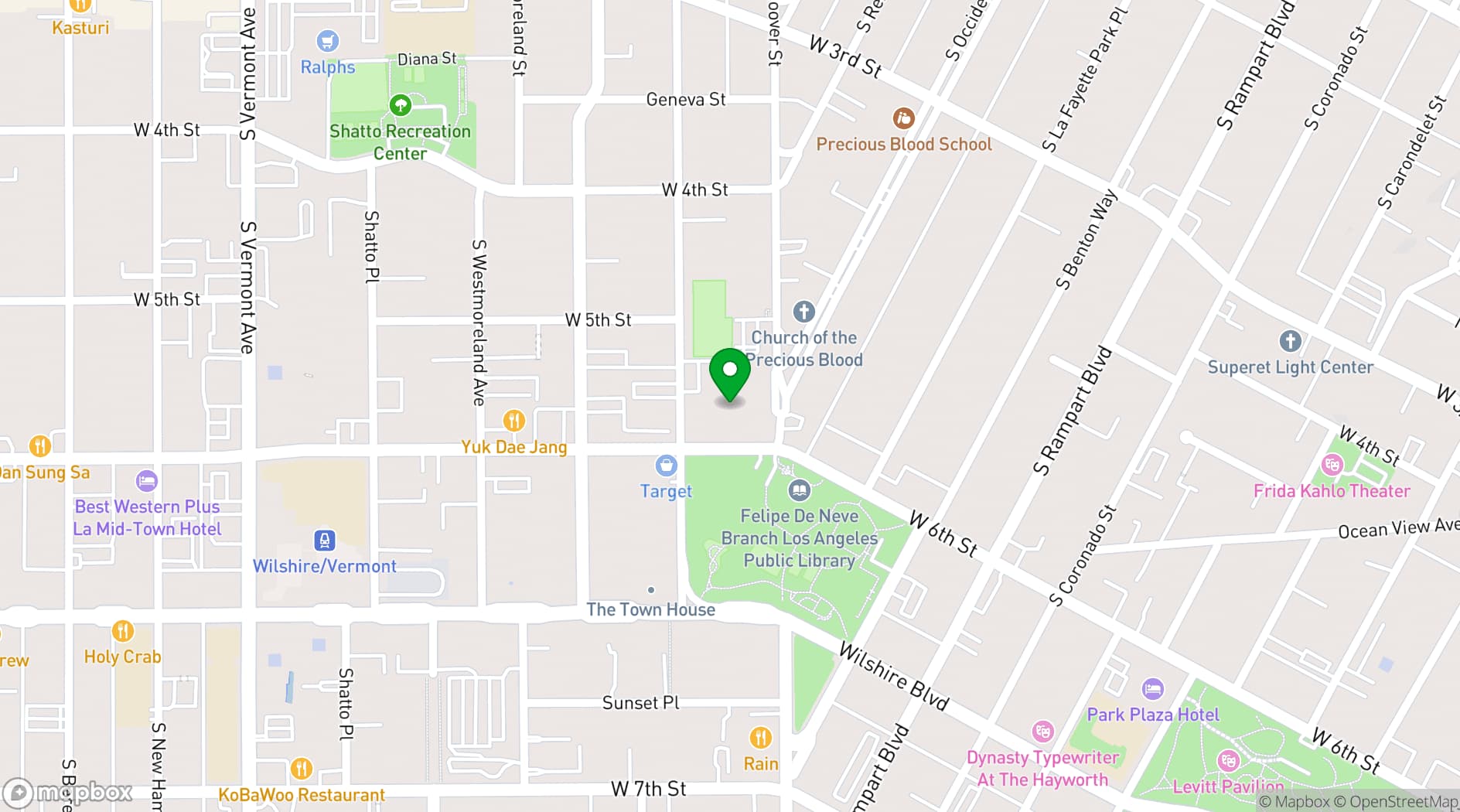 Map showing First Congregational Church of Los Angeles