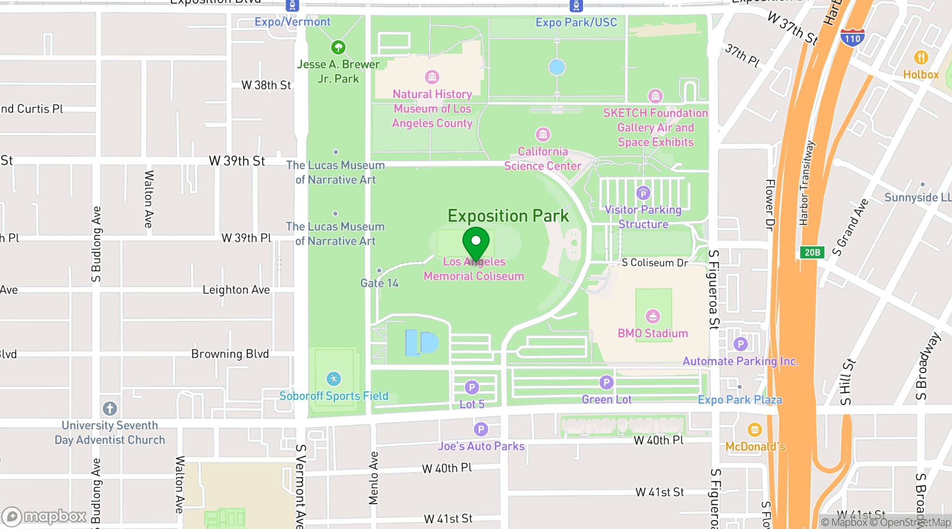Map showing Los Angeles Coliseum