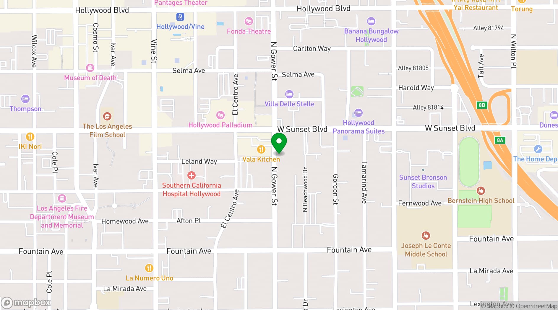 Map showing Sunset Room Hollywood