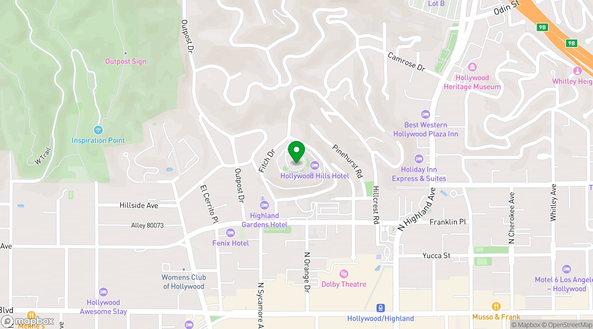 Map showing Hollywood Hills Hotel