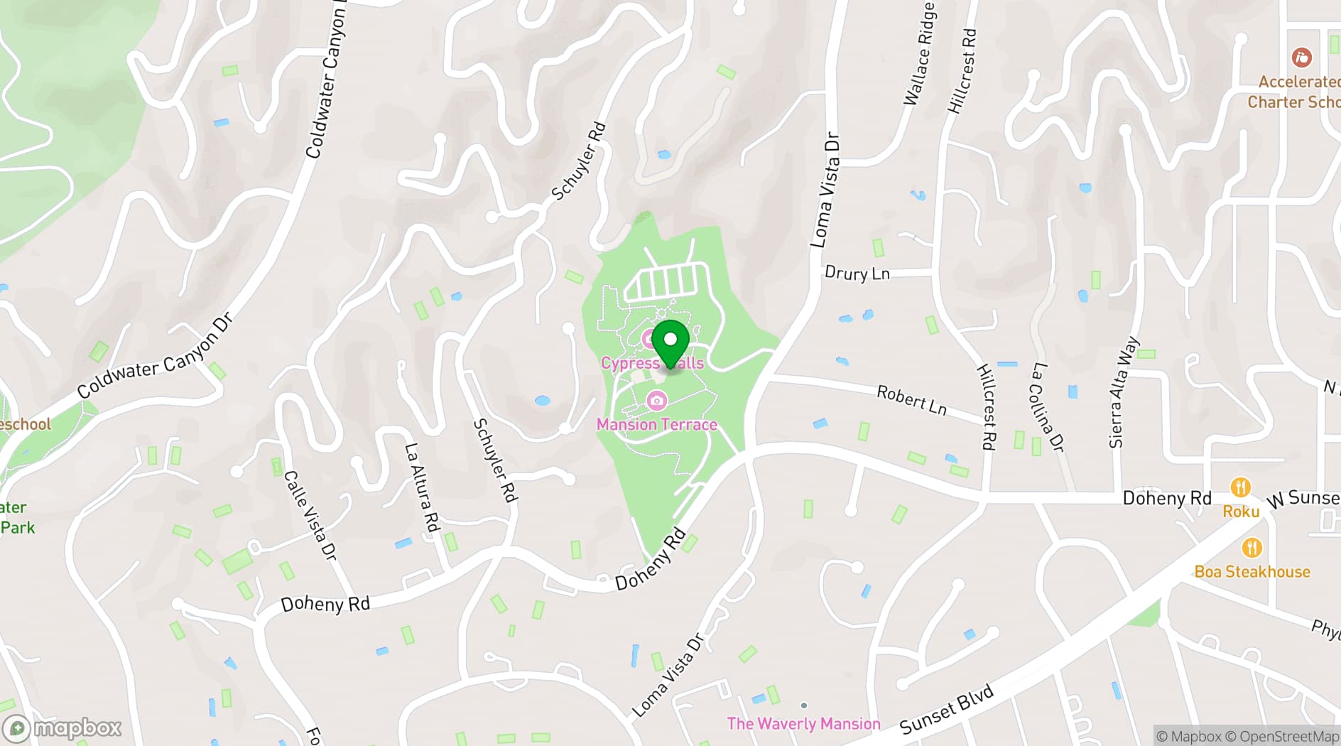 Map showing Greystone Mansion & Gardens
