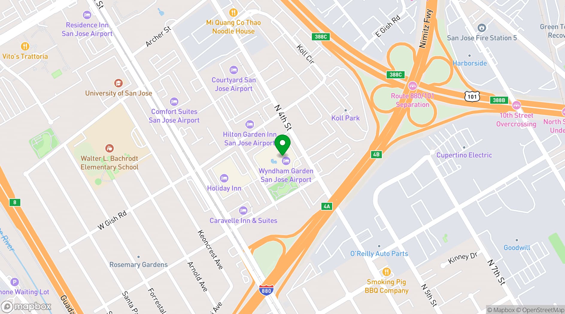 Map showing Wyndham Garden San Jose Airport