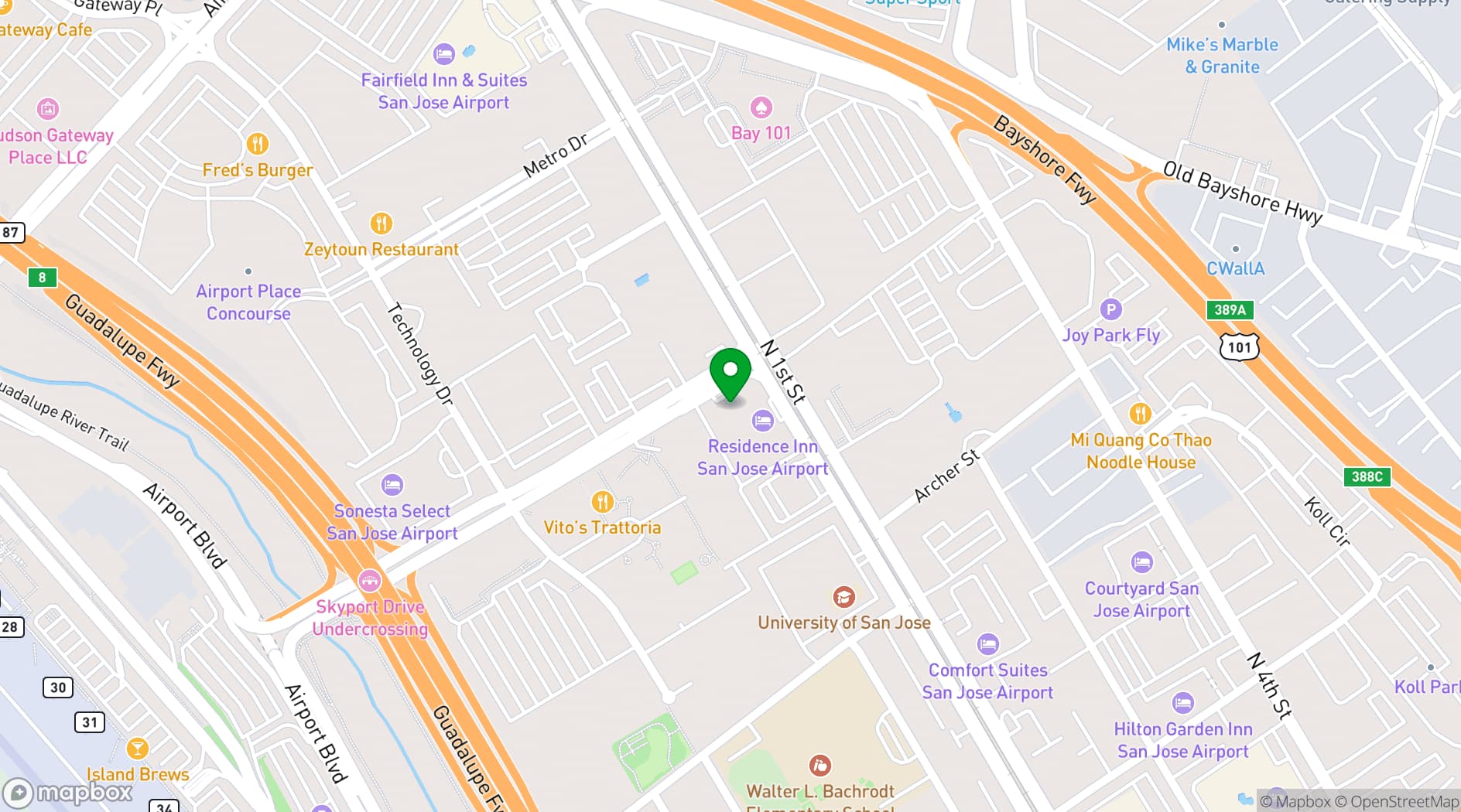 Map showing SpringHill Suites San Jose Airport