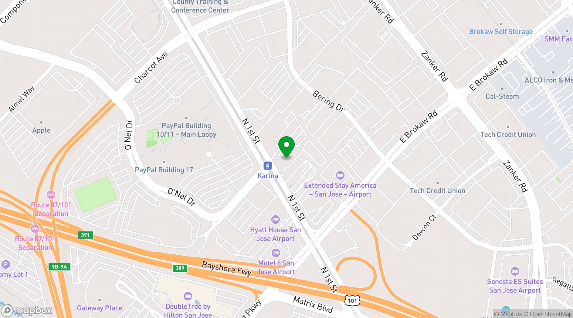 Map showing Holiday Inn Express & Suites San Jose Airport