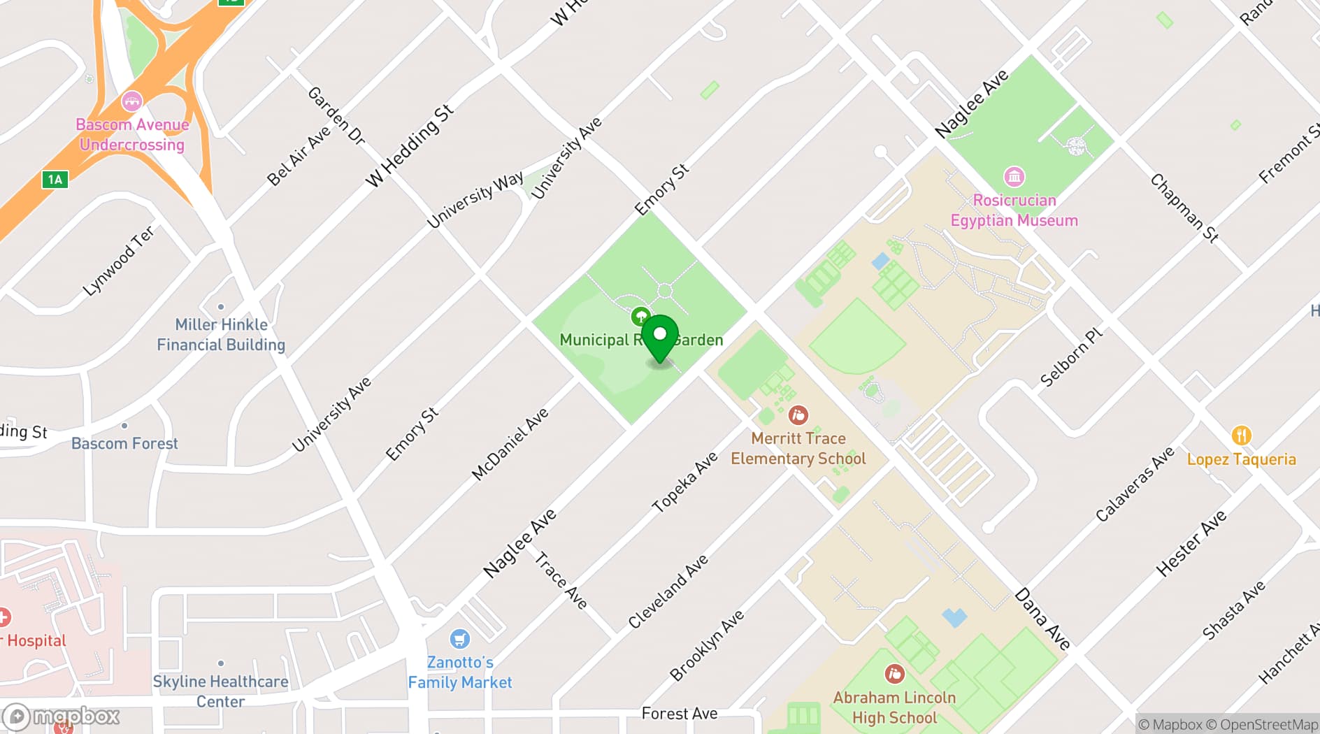 Map showing San Jose Municipal Rose Garden