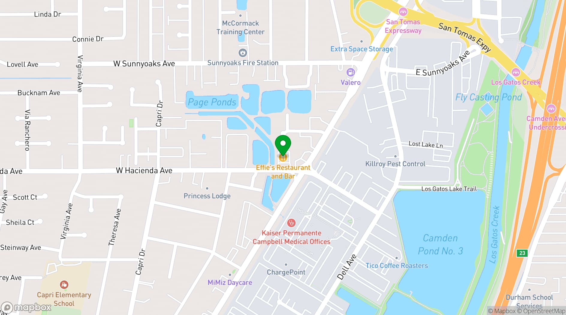 Map showing Effie's Restaurant and Bar