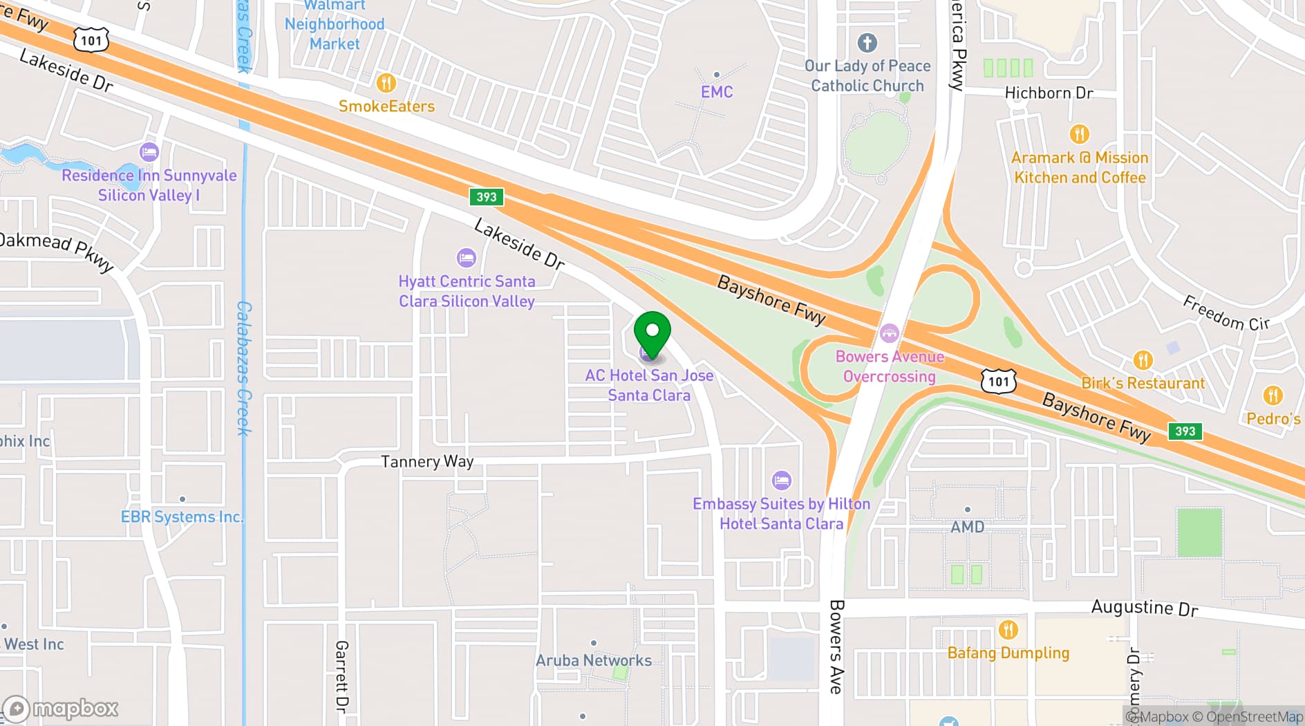 Map showing AC Hotel San Jose Santa Clara
