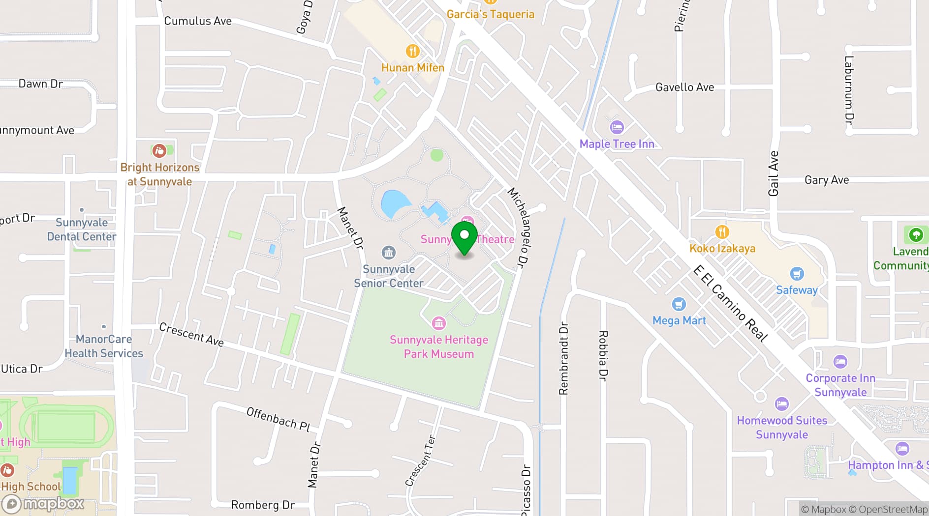Map showing Sunnyvale Facility Rentals