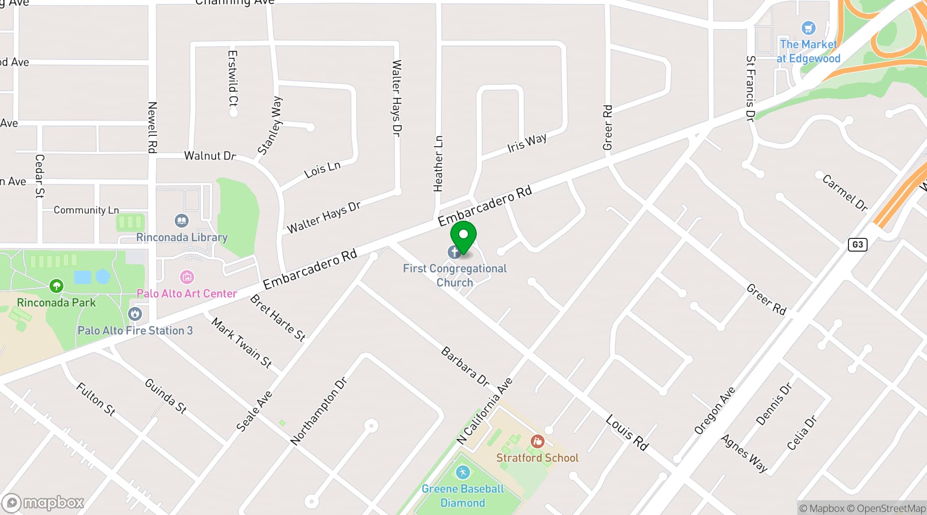 Map showing FIRST CONGREGATIONAL CHURCH PALO ALTO, UCC