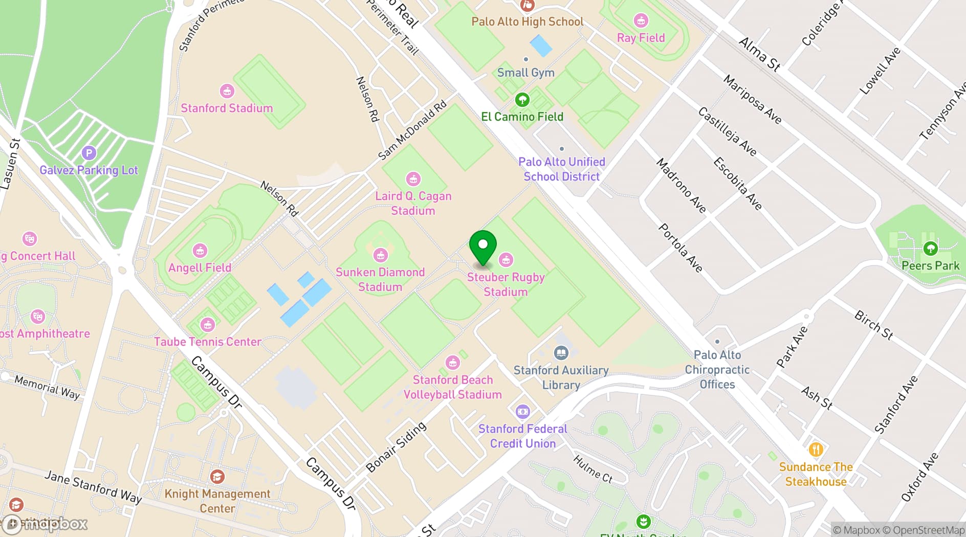 Map showing Stanford Cardinal Athletic Facilities