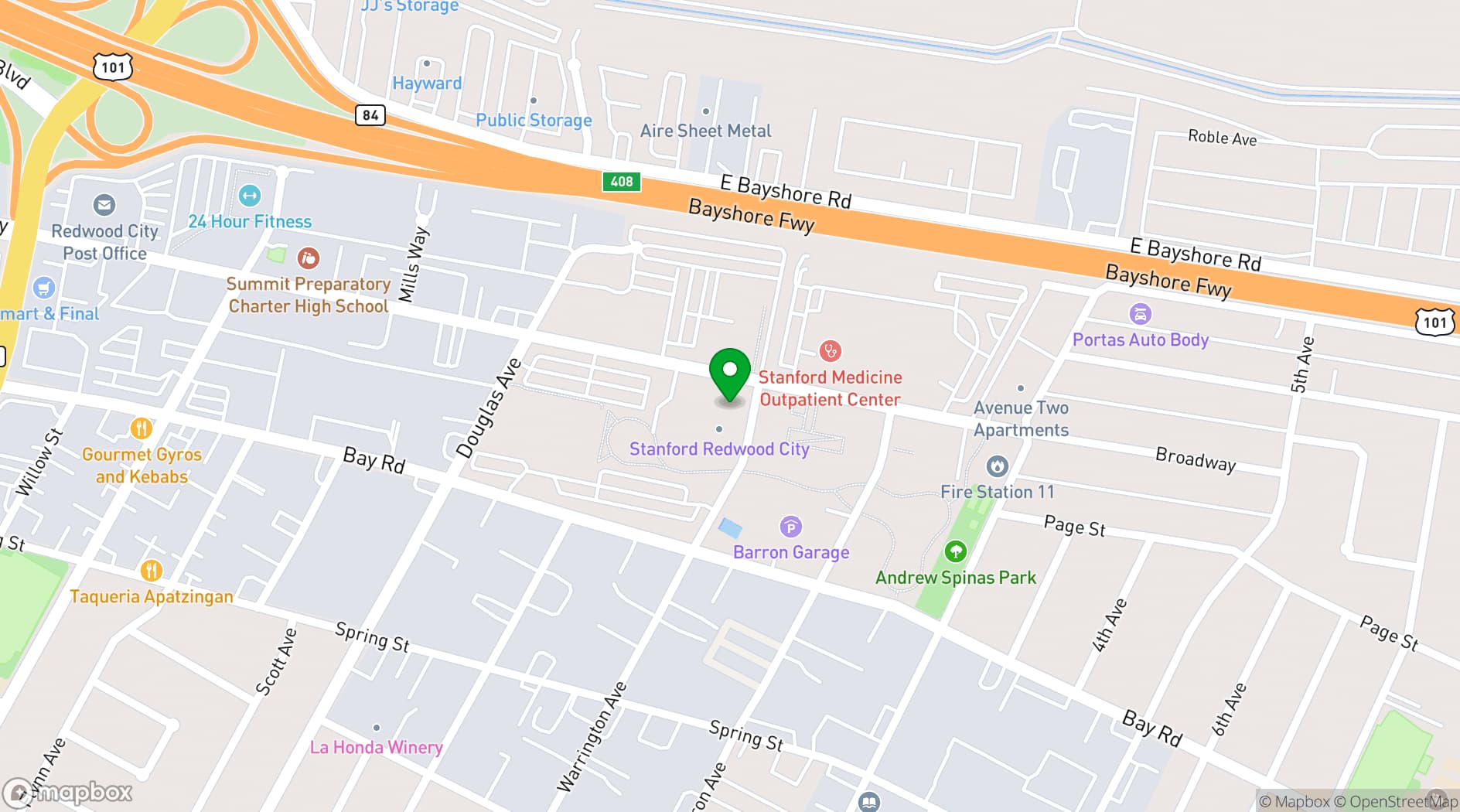Map showing Stanford Redwood City Event Spaces