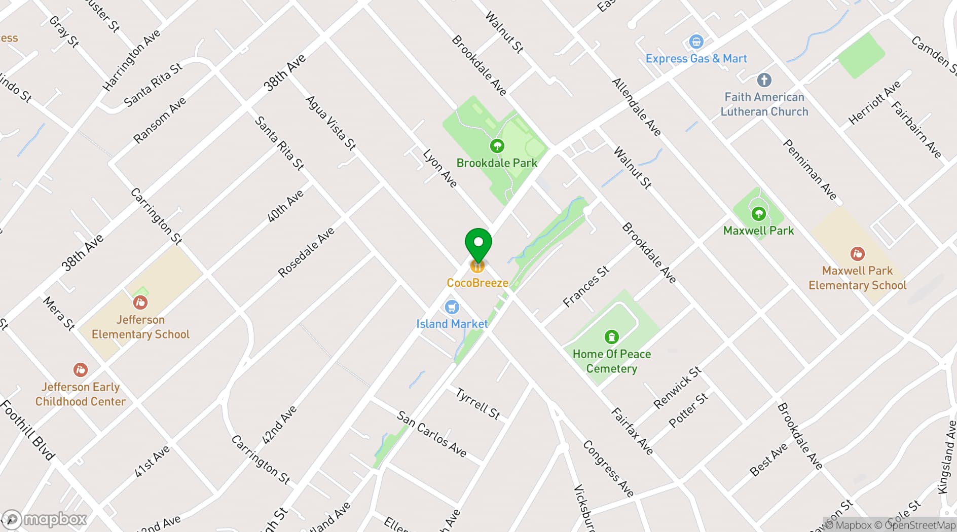 Map showing Cocobreeze Caribbean Restaurant and Bakery