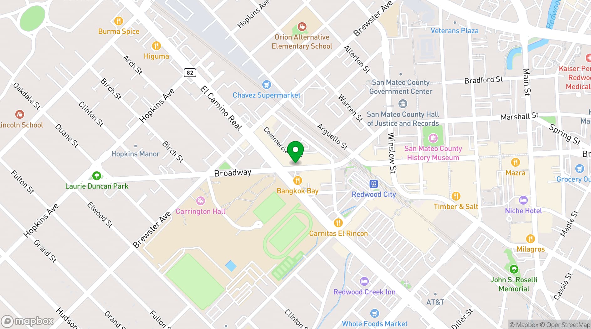 Map showing The Hub Redwood City