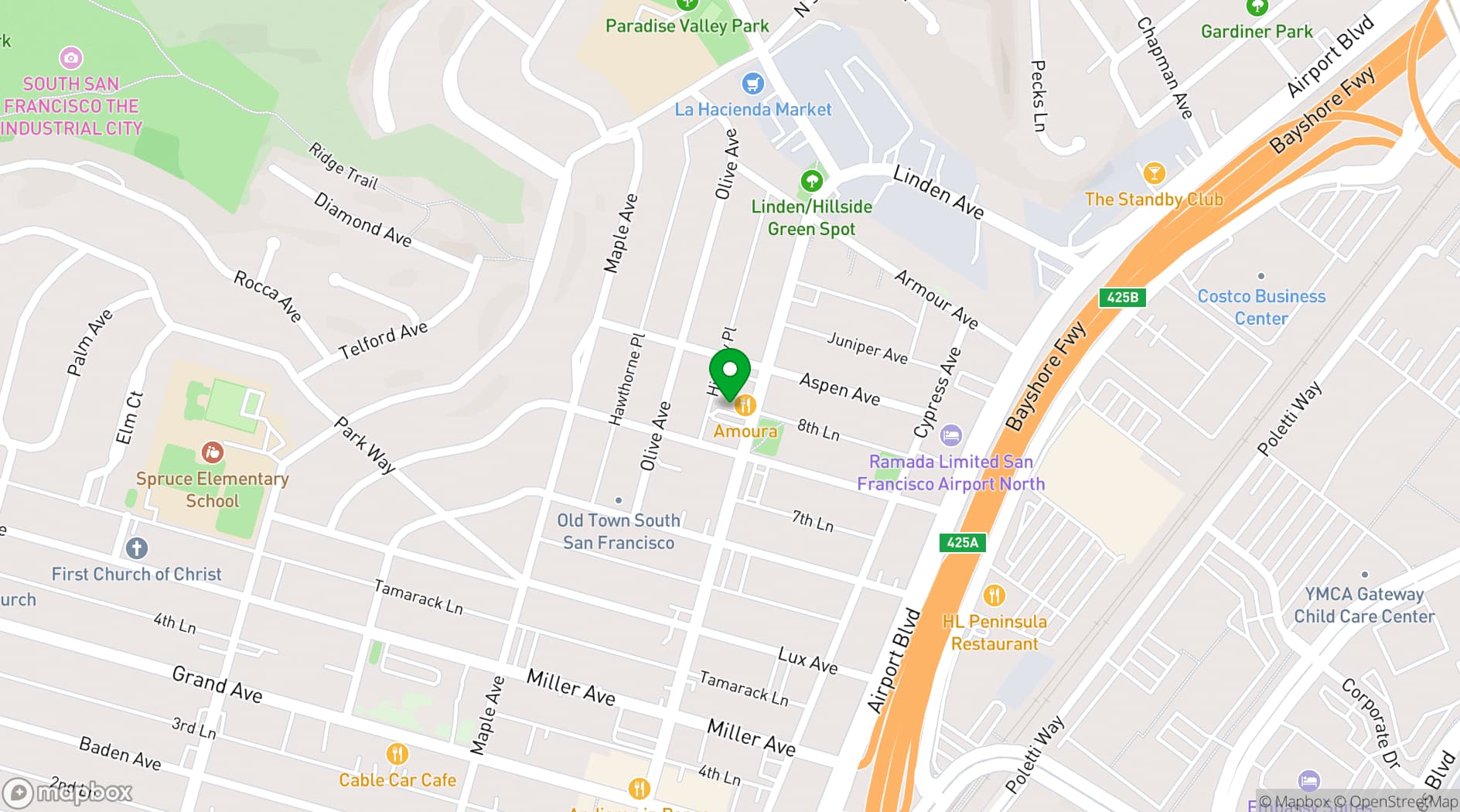 Map showing Amoura Restaurant