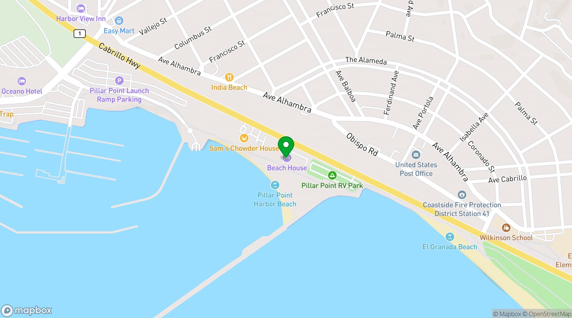 Map showing Beach House Hotel Half Moon Bay