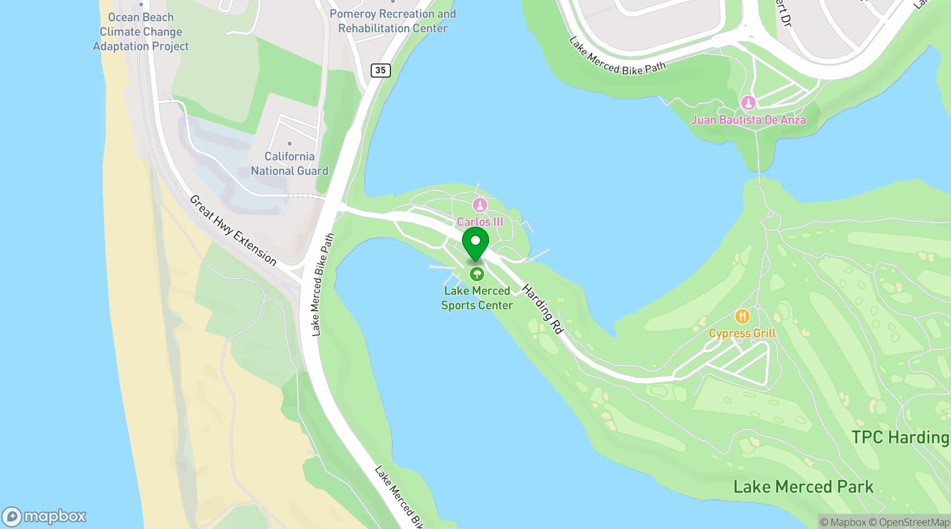 Map showing Lake Merced Boathouse