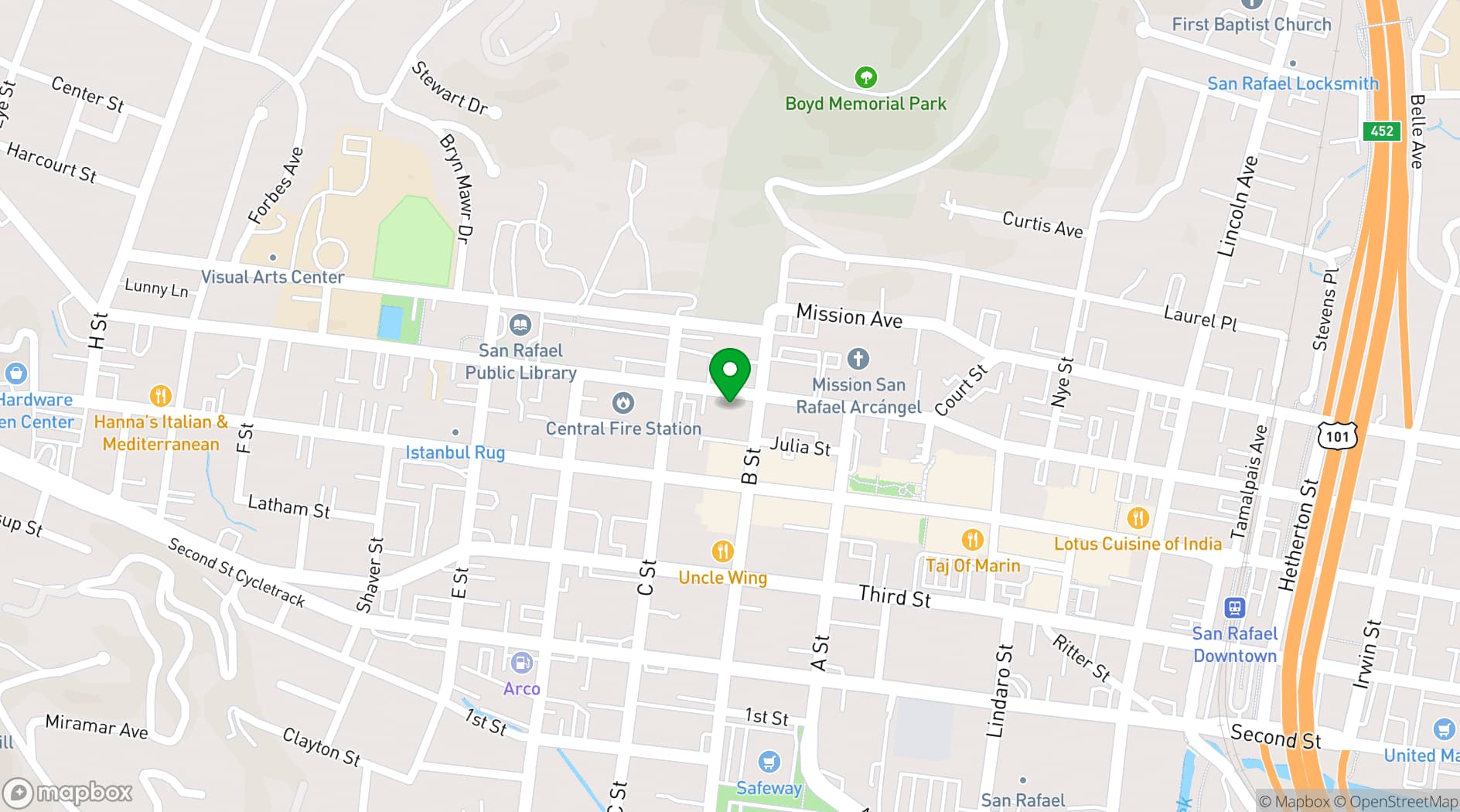 Map showing AC Hotel San Rafael Downtown