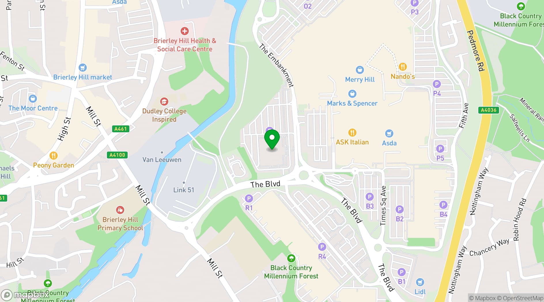 Map showing ODEON Dudley Merry Hill