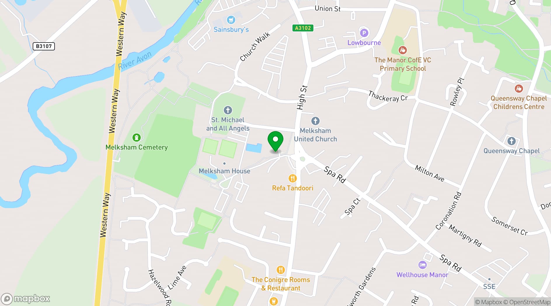 Map showing Melksham Assembly Hall