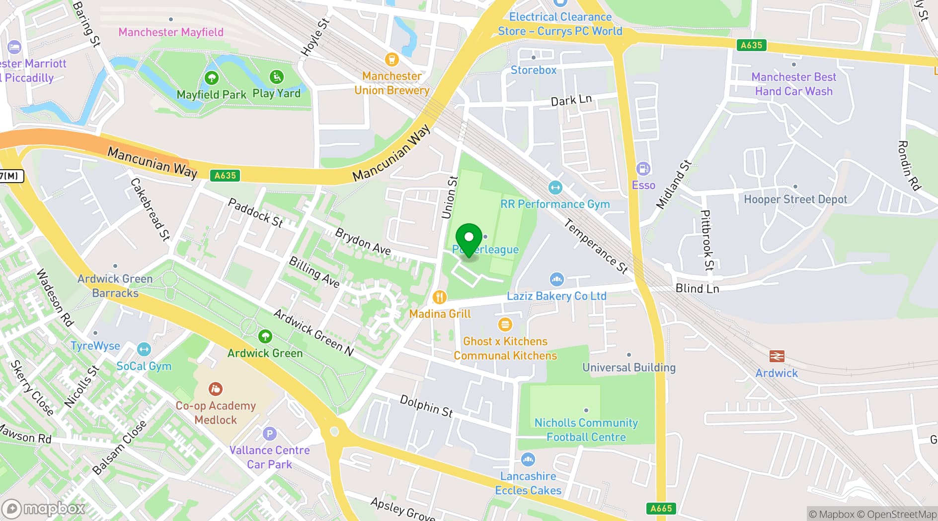 Map showing Powerleague Manchester central