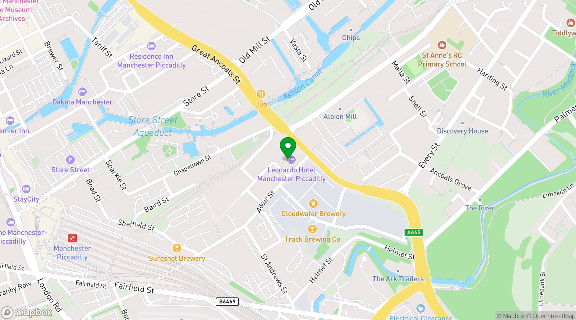 Map showing Leonardo Hotel Manchester Piccadilly