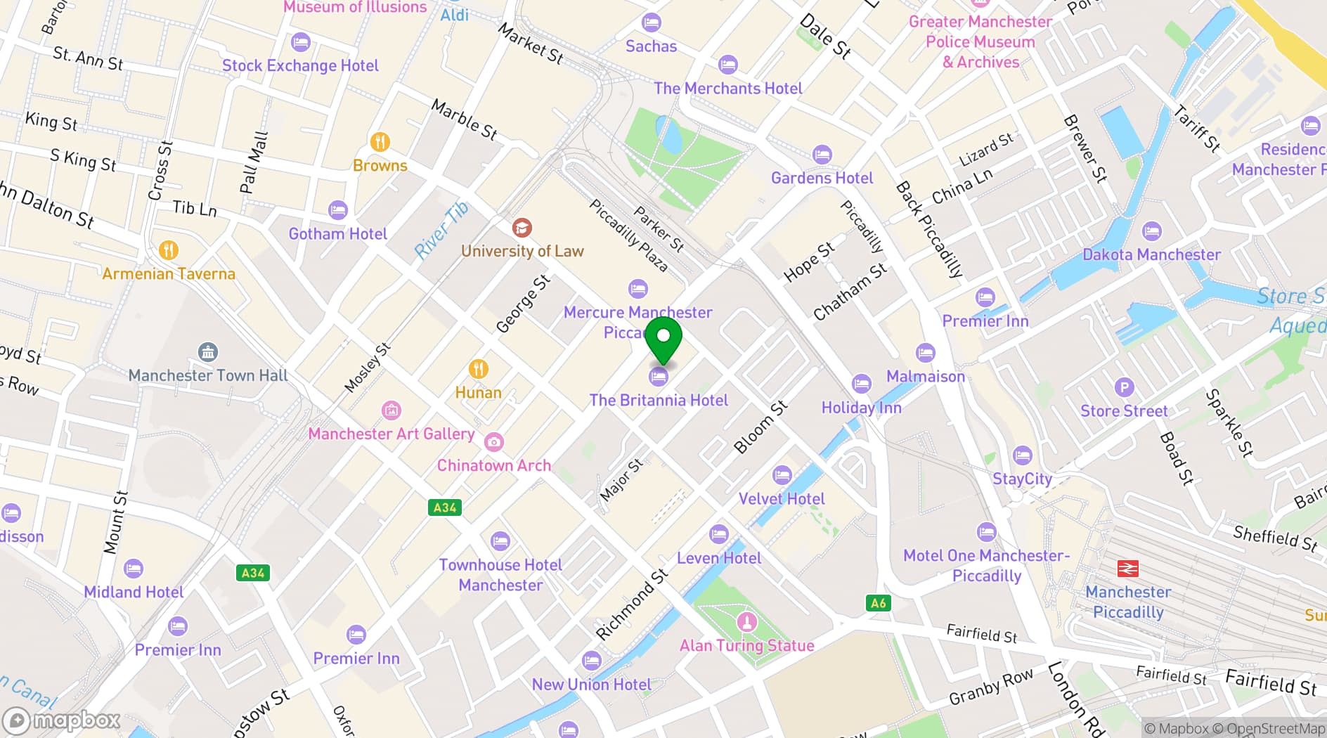 Map showing Britannia Hotel Manchester