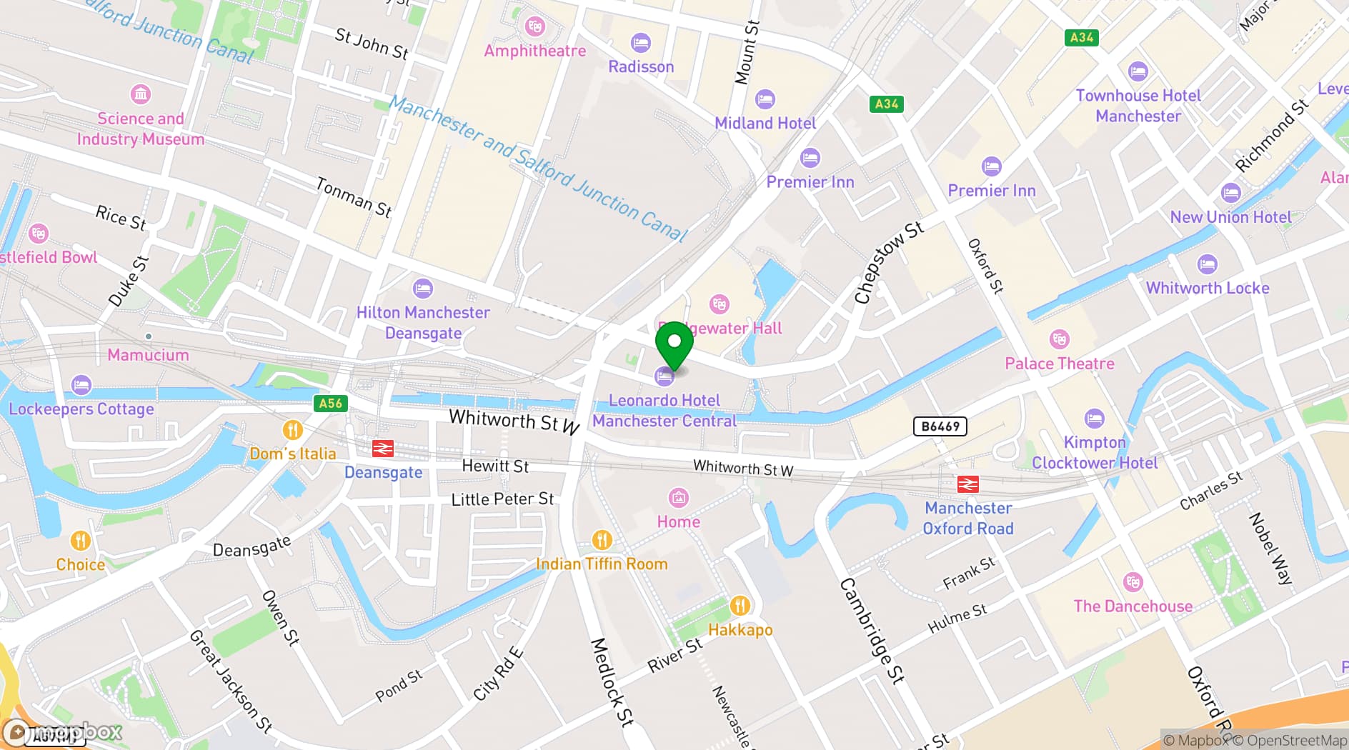 Map showing Leonardo Hotel Manchester Central