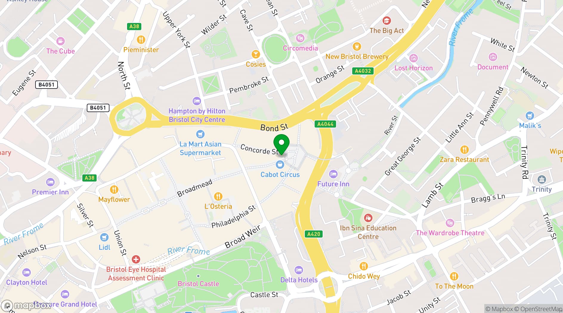 Map showing King Pins, Cabot Circus Bristol