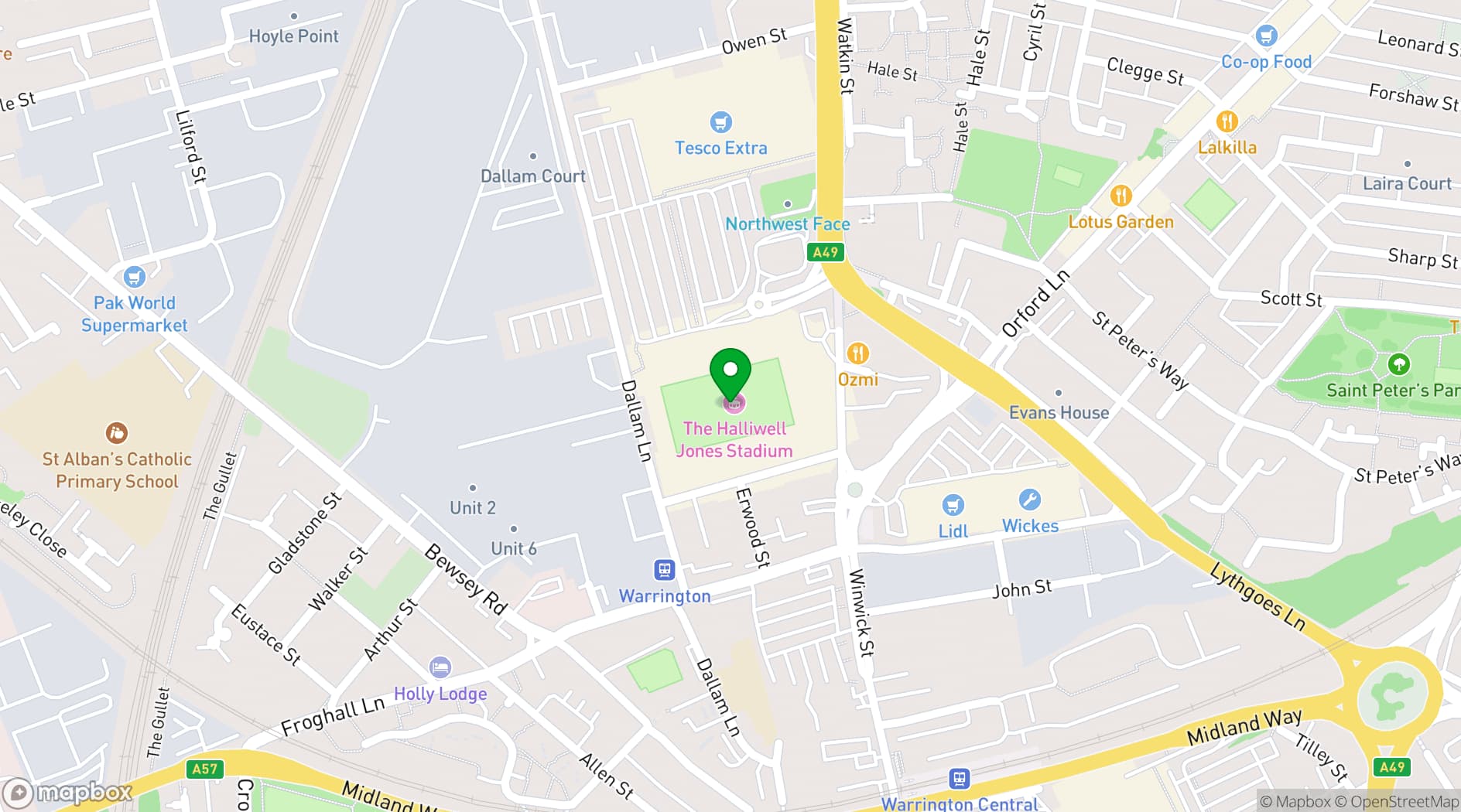 Map showing Halliwell Jones Stadium