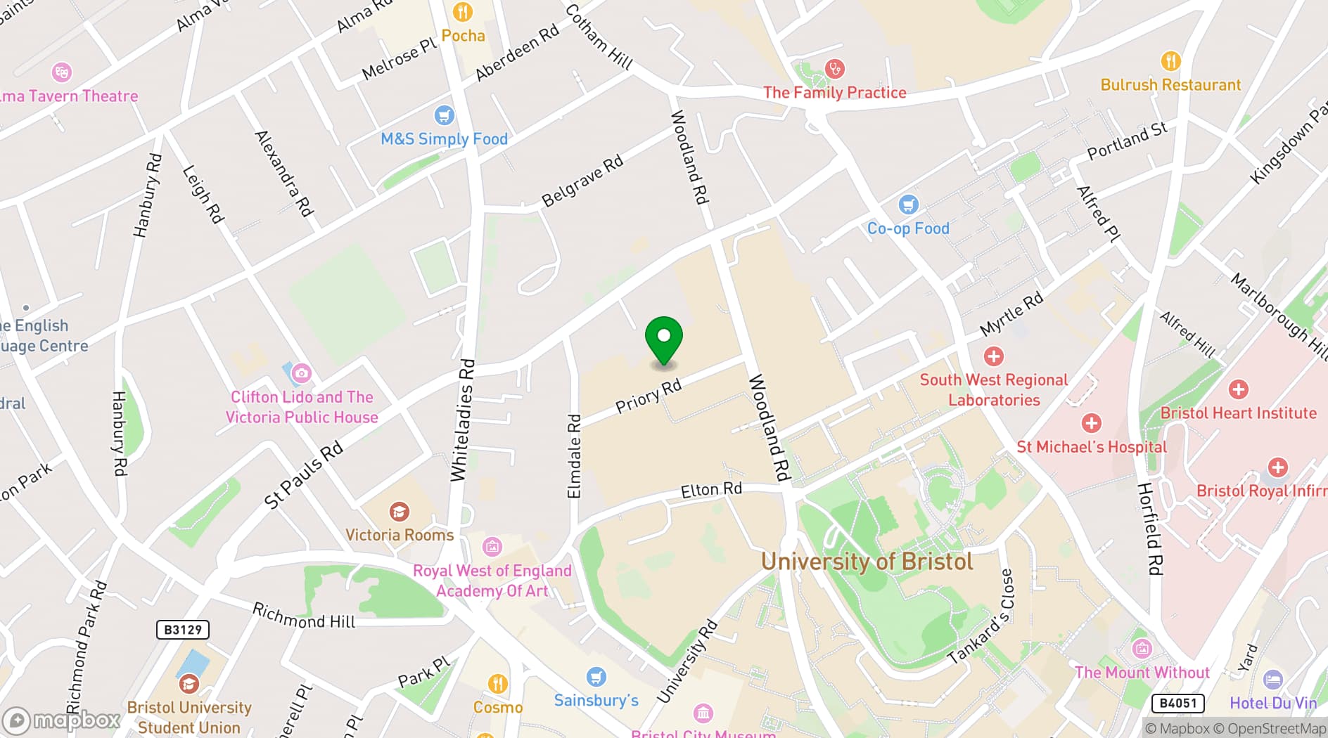 Map showing University of Bristol