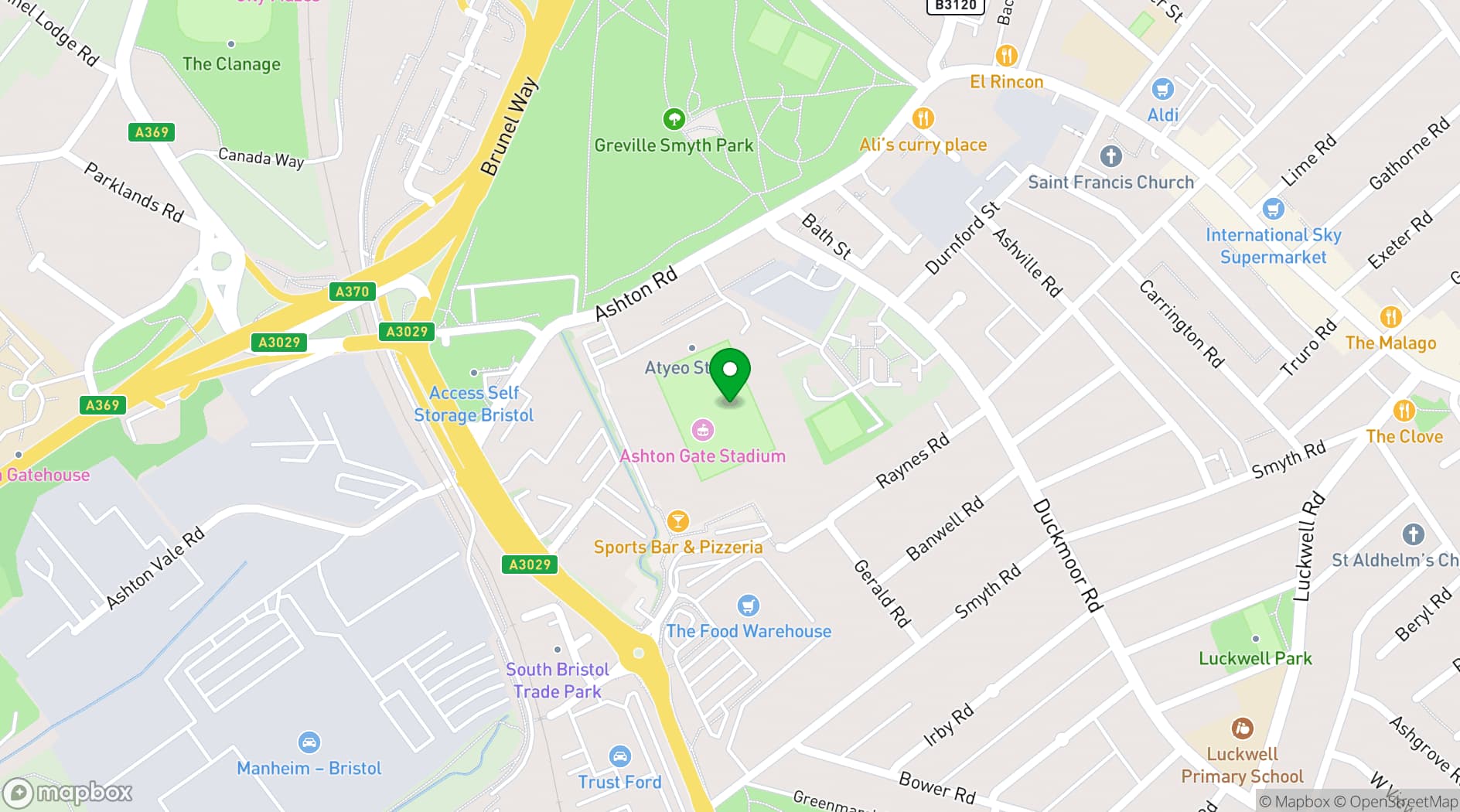 Map showing Ashton Gate Stadium
