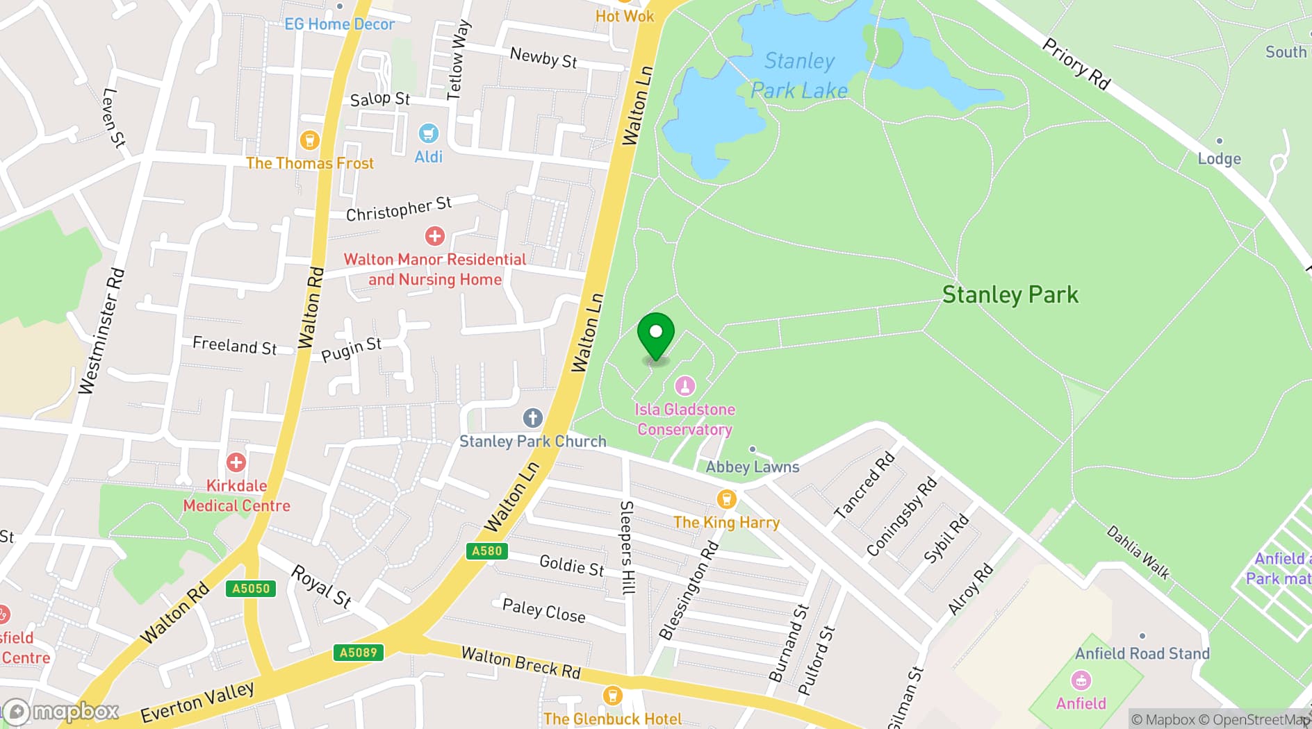 Map showing Anfield Stadium