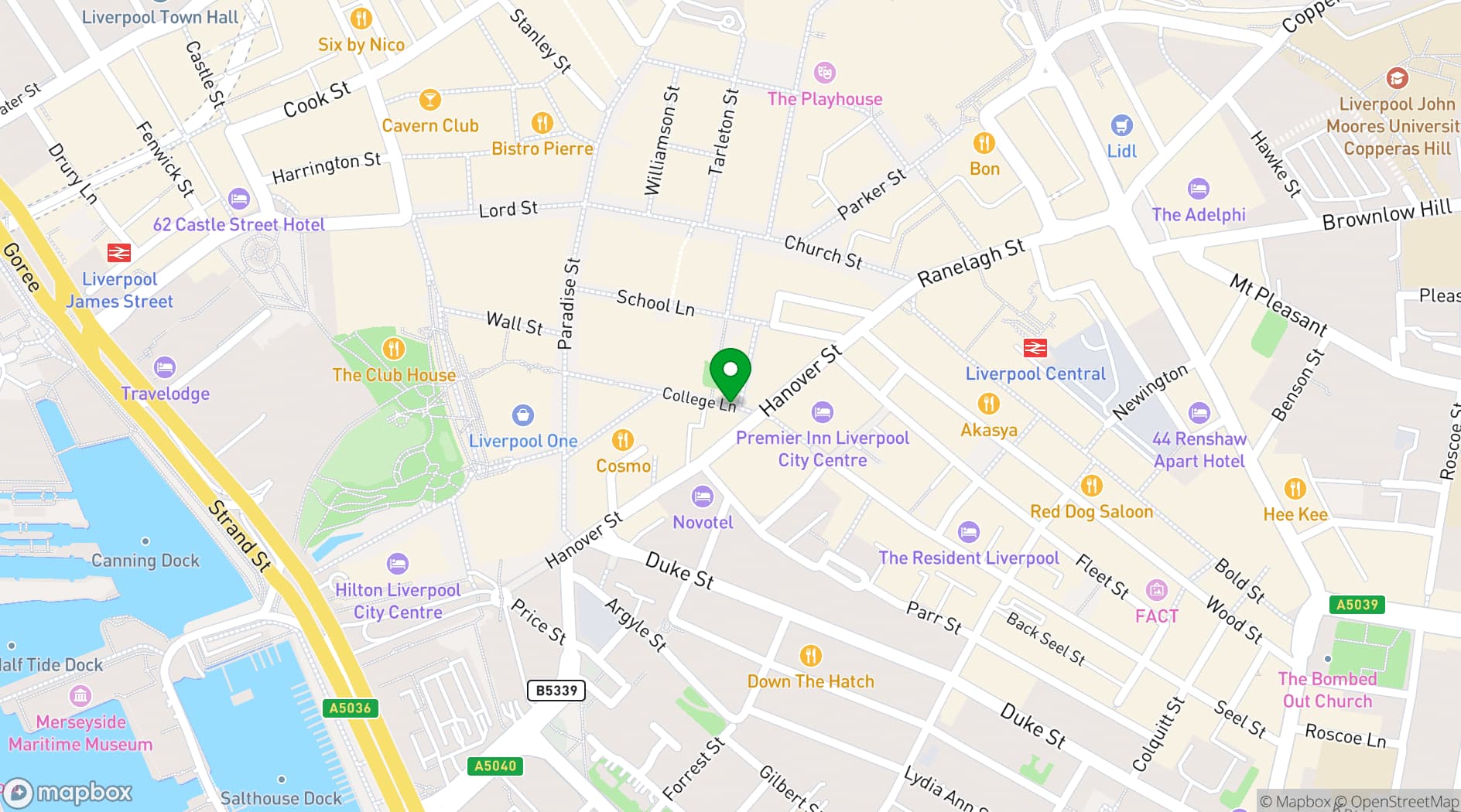 Map showing Roxy Ball Room, Hanover Street Liverpool