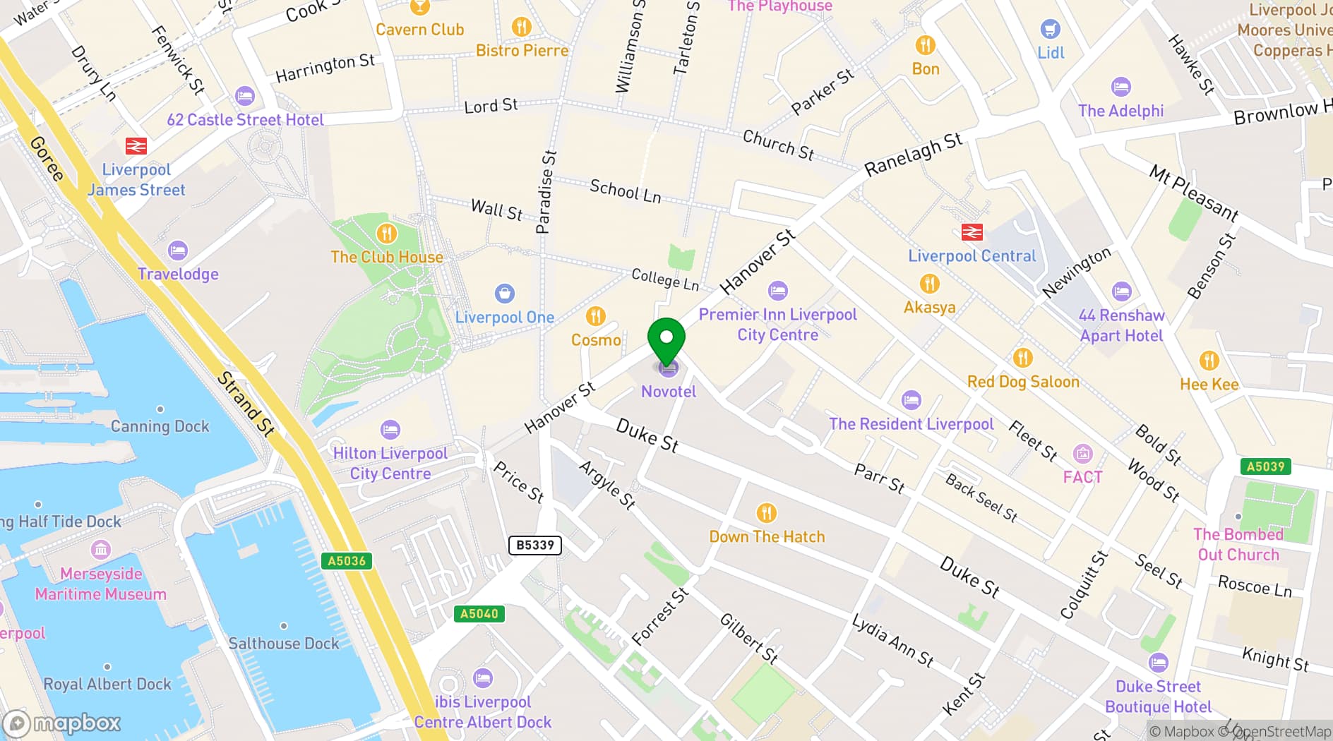 Map showing Novotel Liverpool Centre