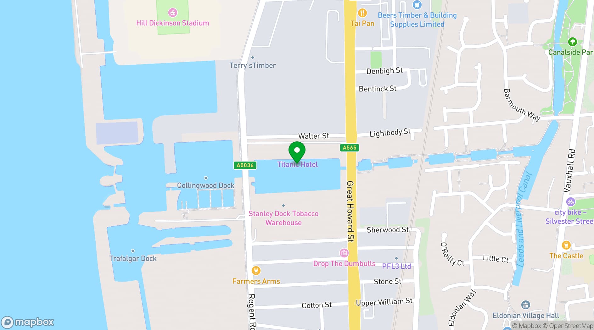 Map showing Titanic Hotel & Rum Warehouse Liverpool