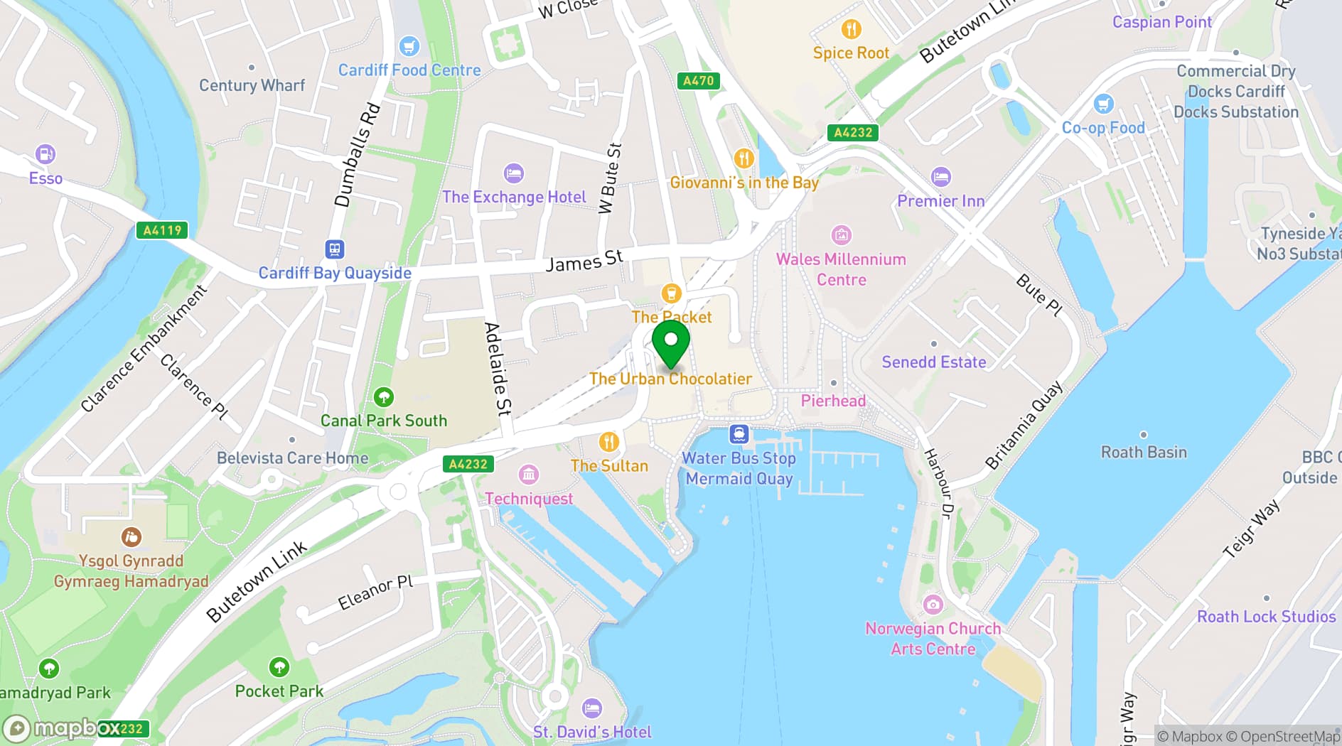 Map showing Las Iguanas Cardiff Mermaid Quay