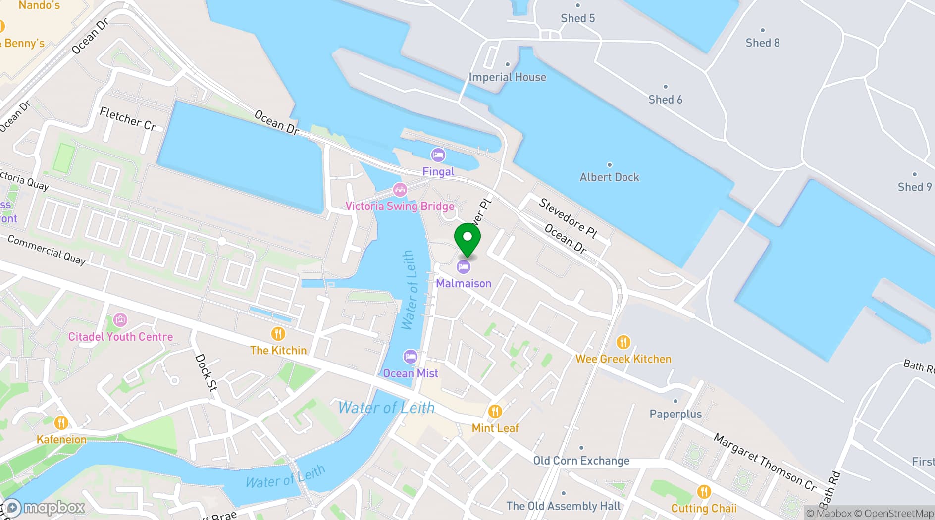 Map showing Malmaison Edinburgh Leith