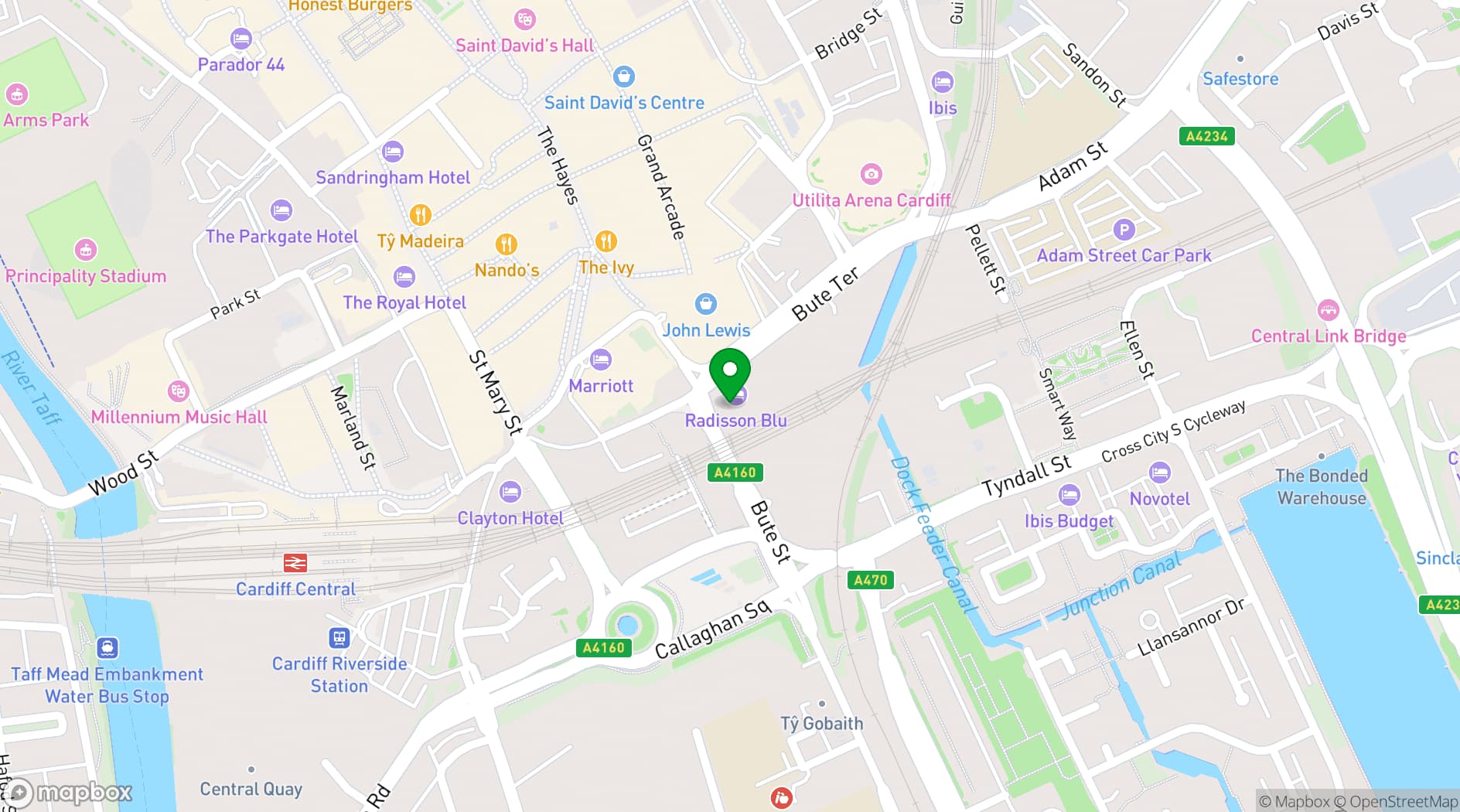 Map showing Radisson Blu Hotel, Cardiff