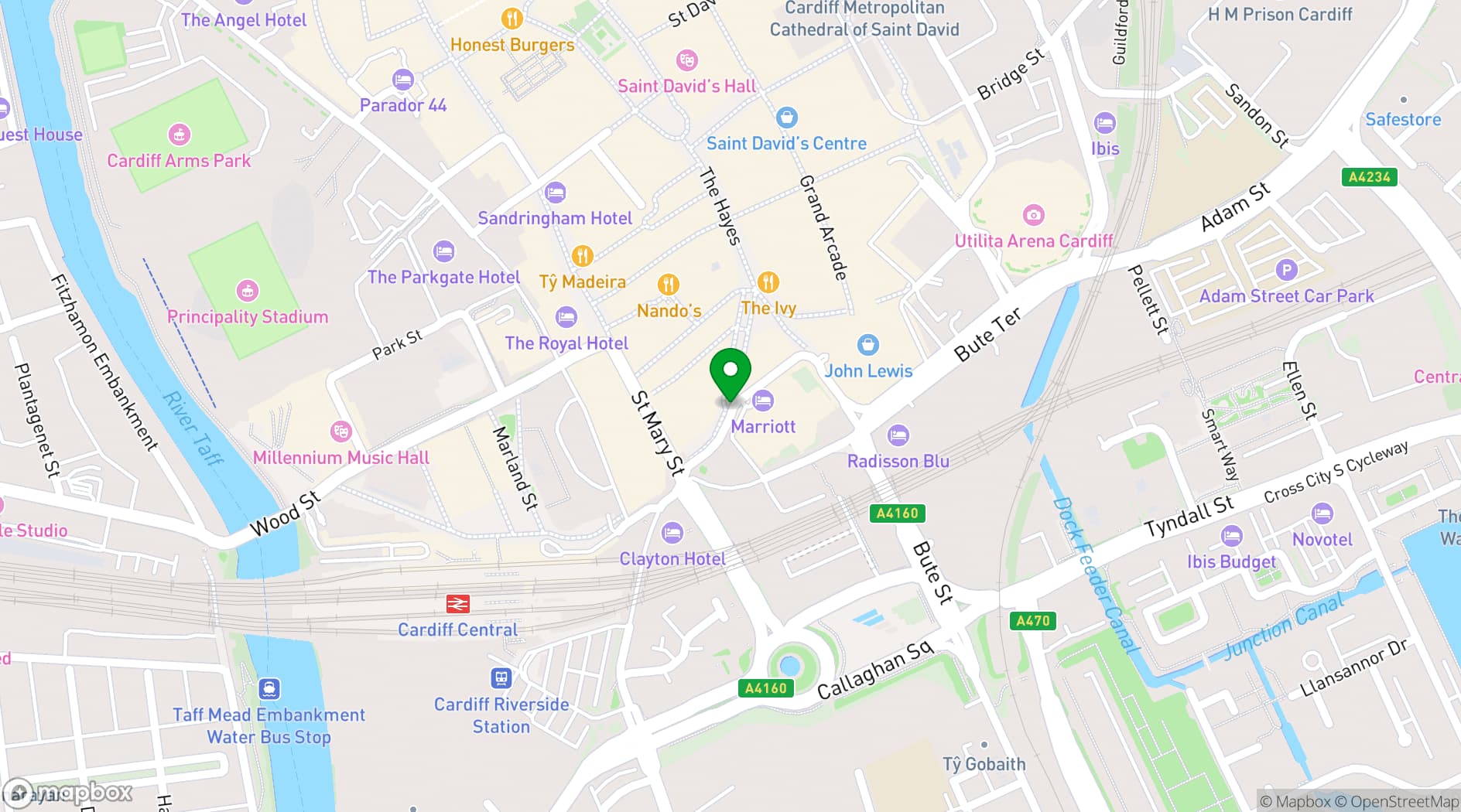 Map showing Cardiff Marriott hotel
