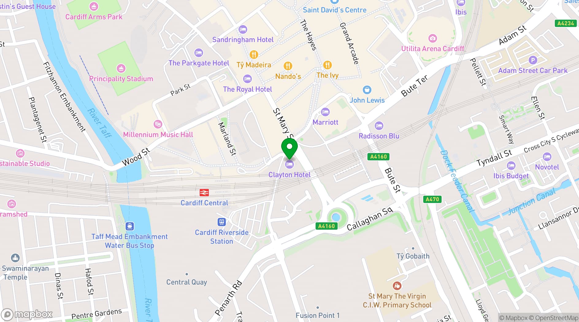 Map showing Clayton Hotel Cardiff