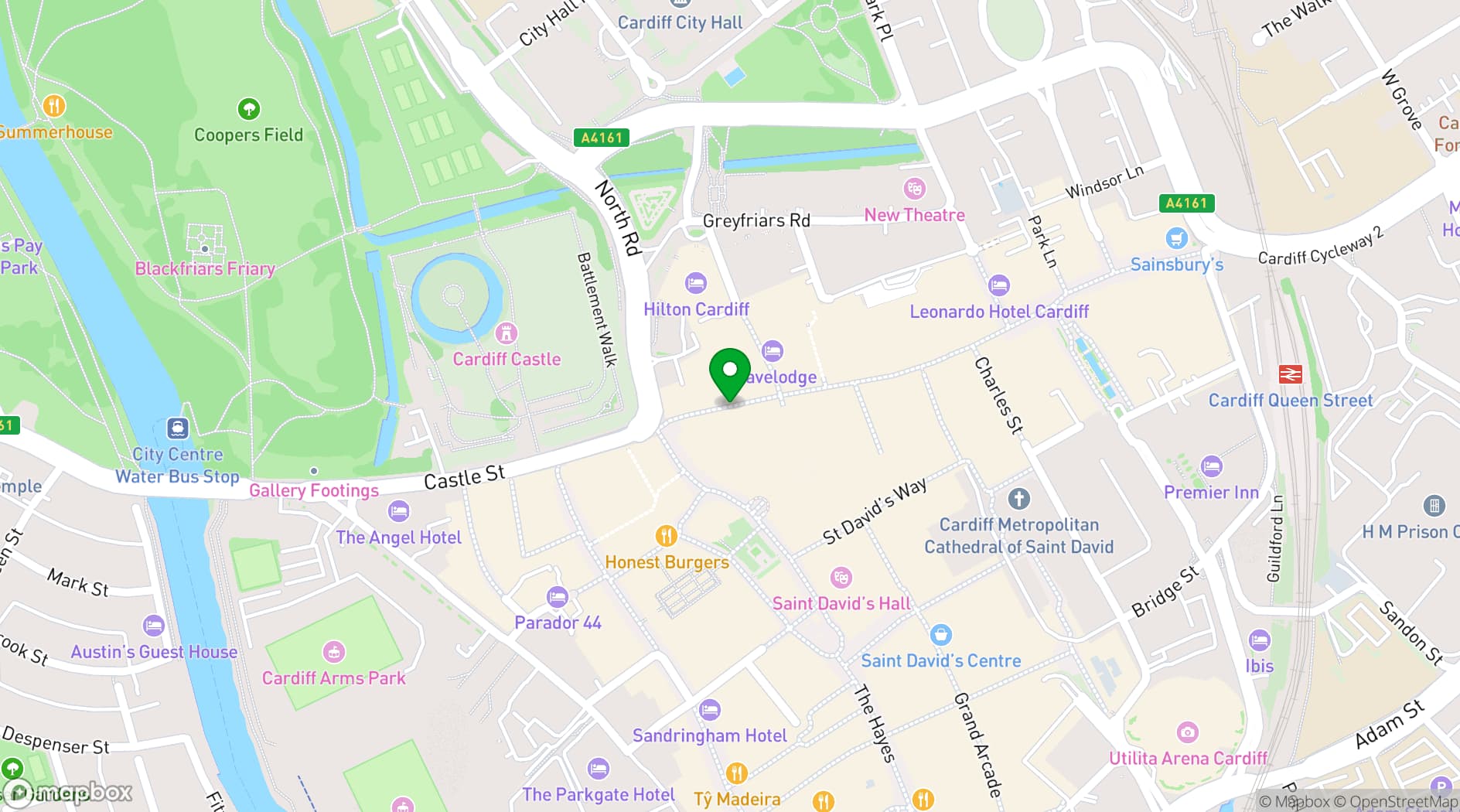 Map showing Roxy Lanes, The Friary Cardiff