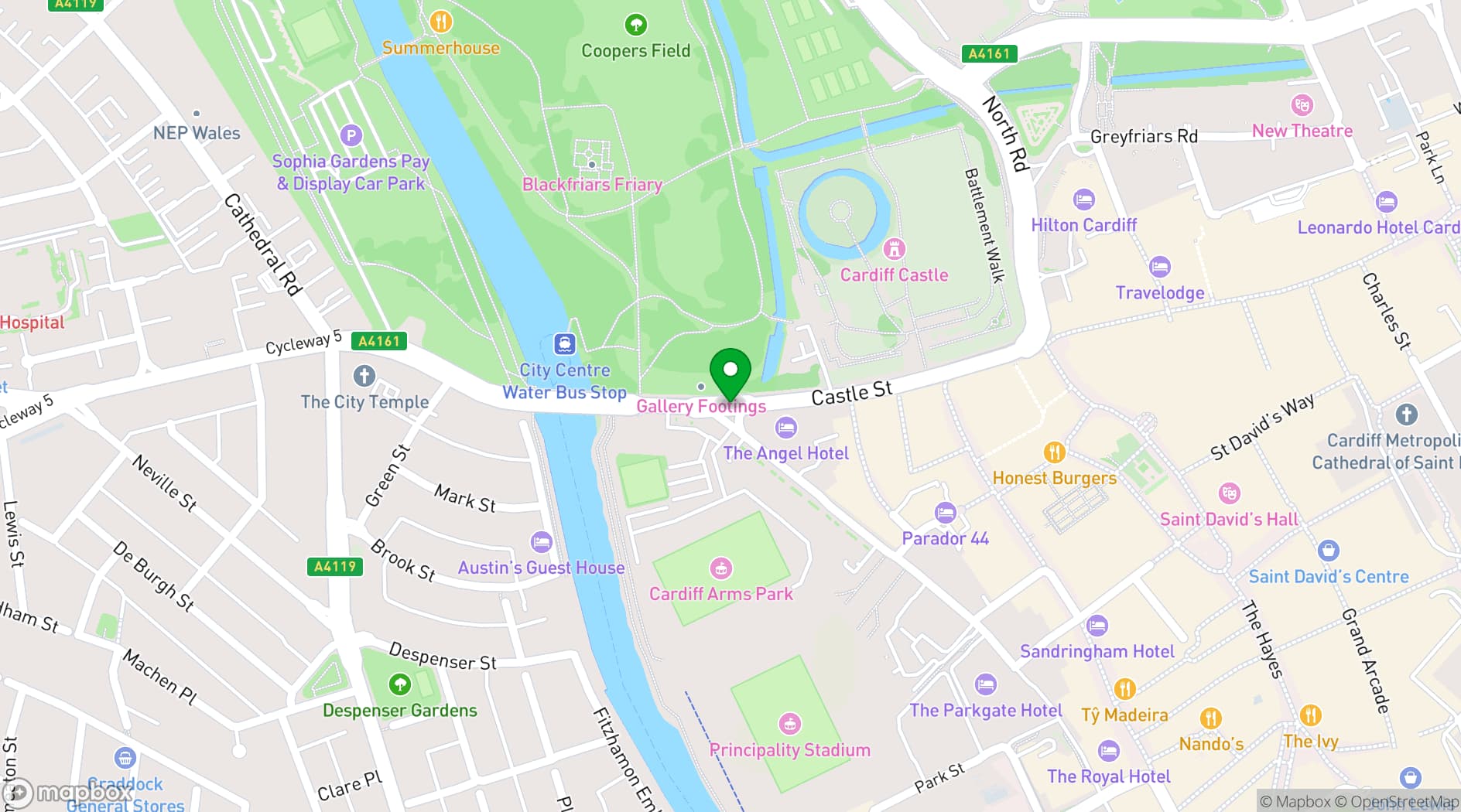Map showing Angel Hotel Cardiff