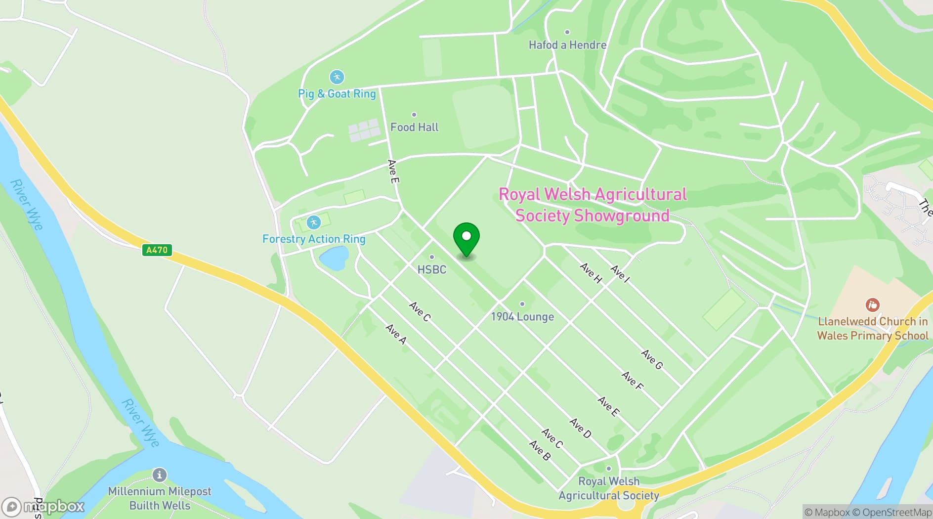 Map showing Royal Welsh Showground