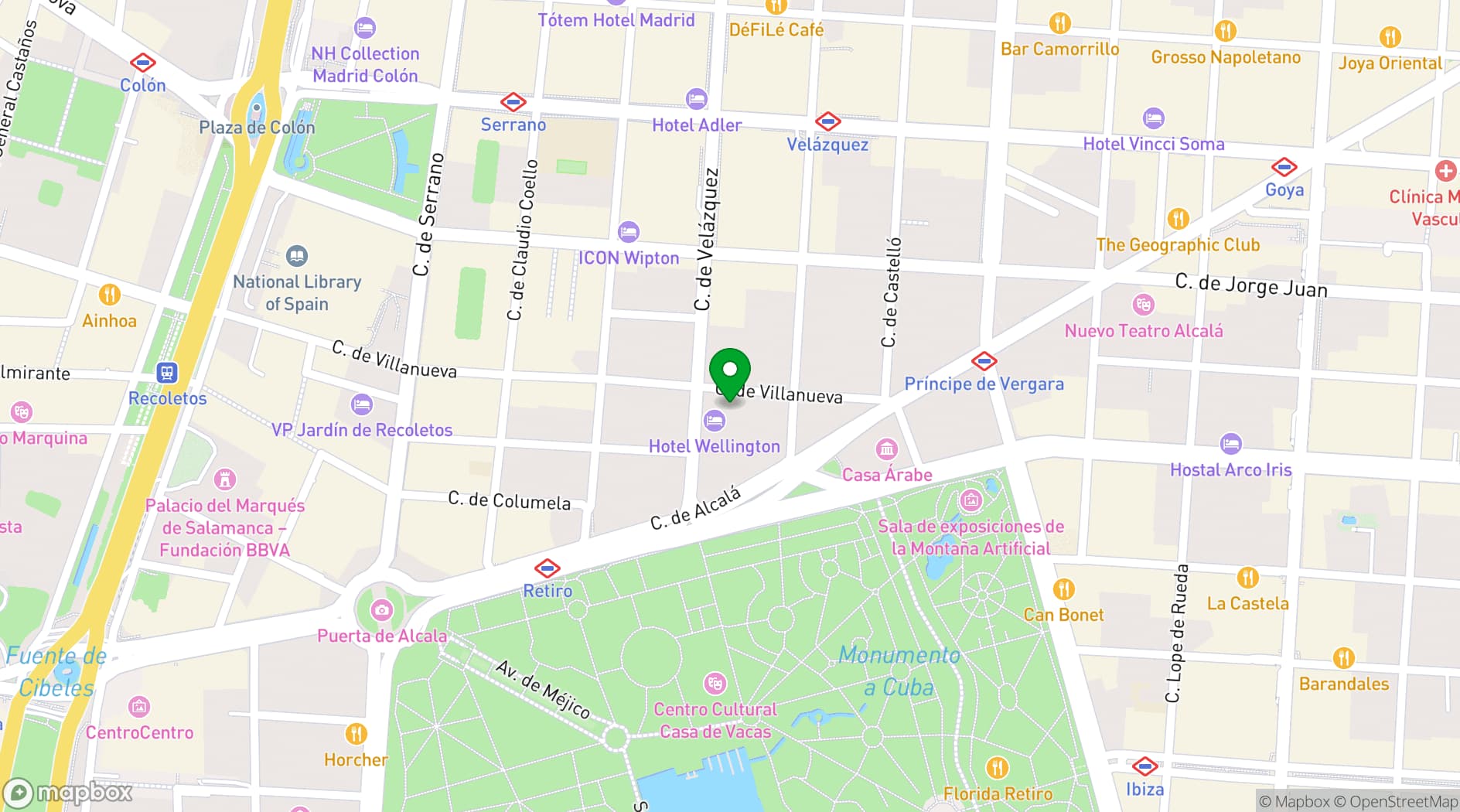 Map showing Wellington Hotel & Spa Madrid