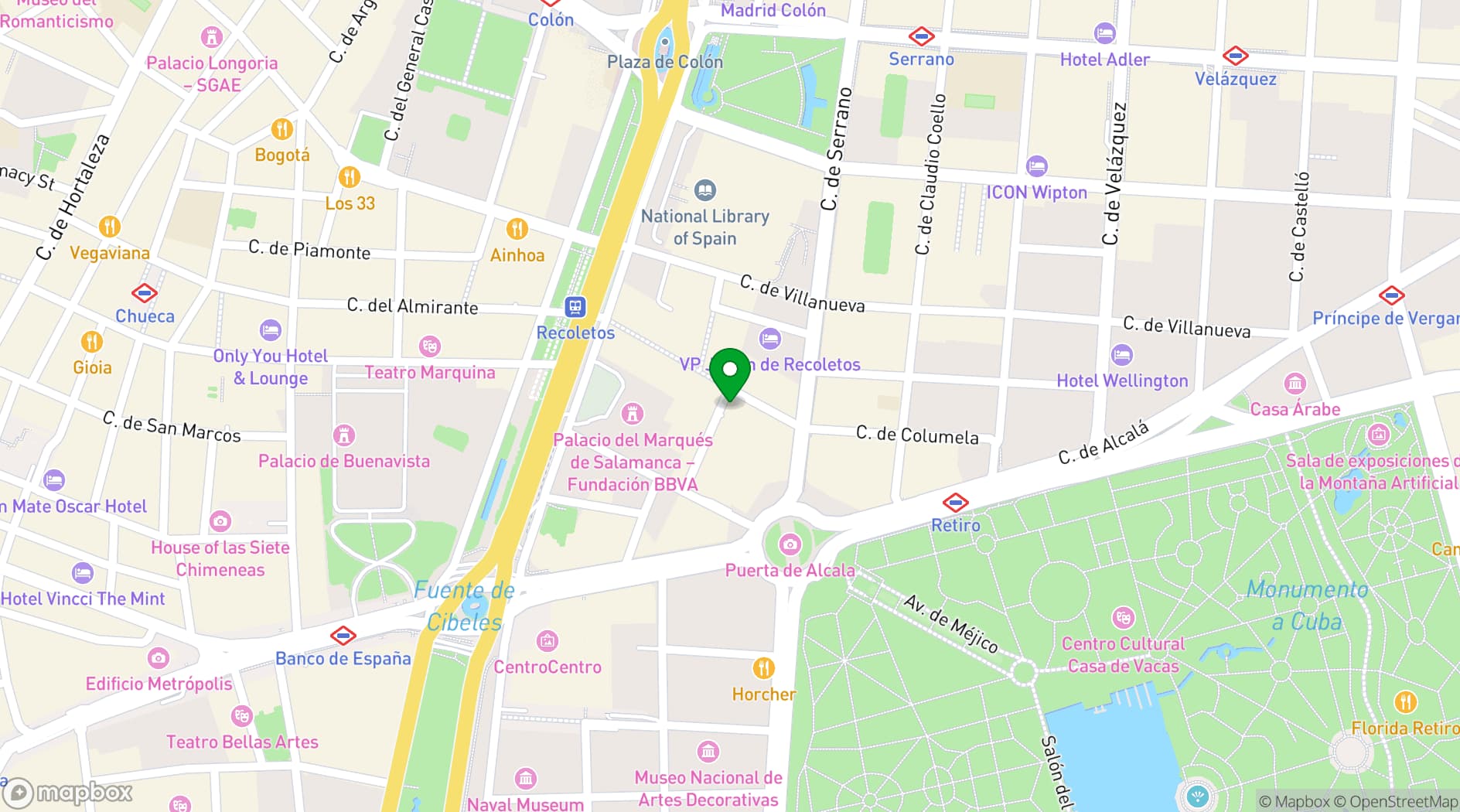 Map showing AC Hotel Recoletos