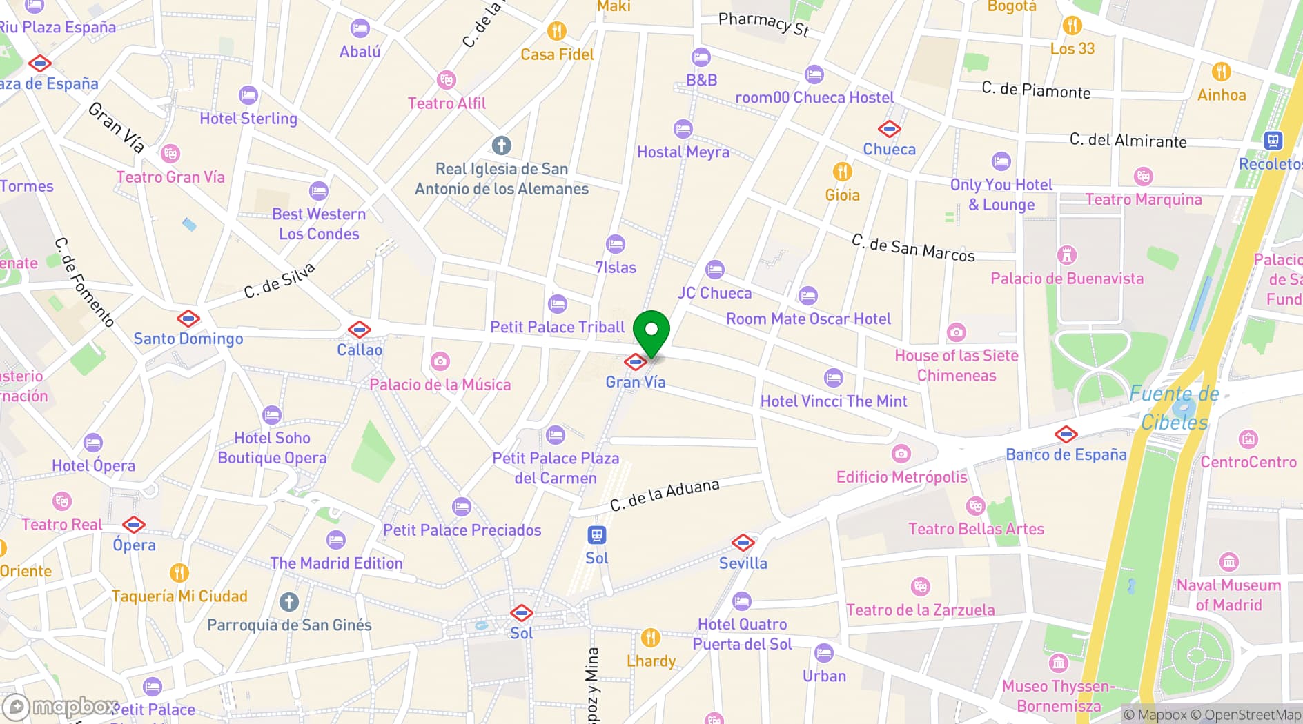 Map showing NH Collection Madrid Gran Vía