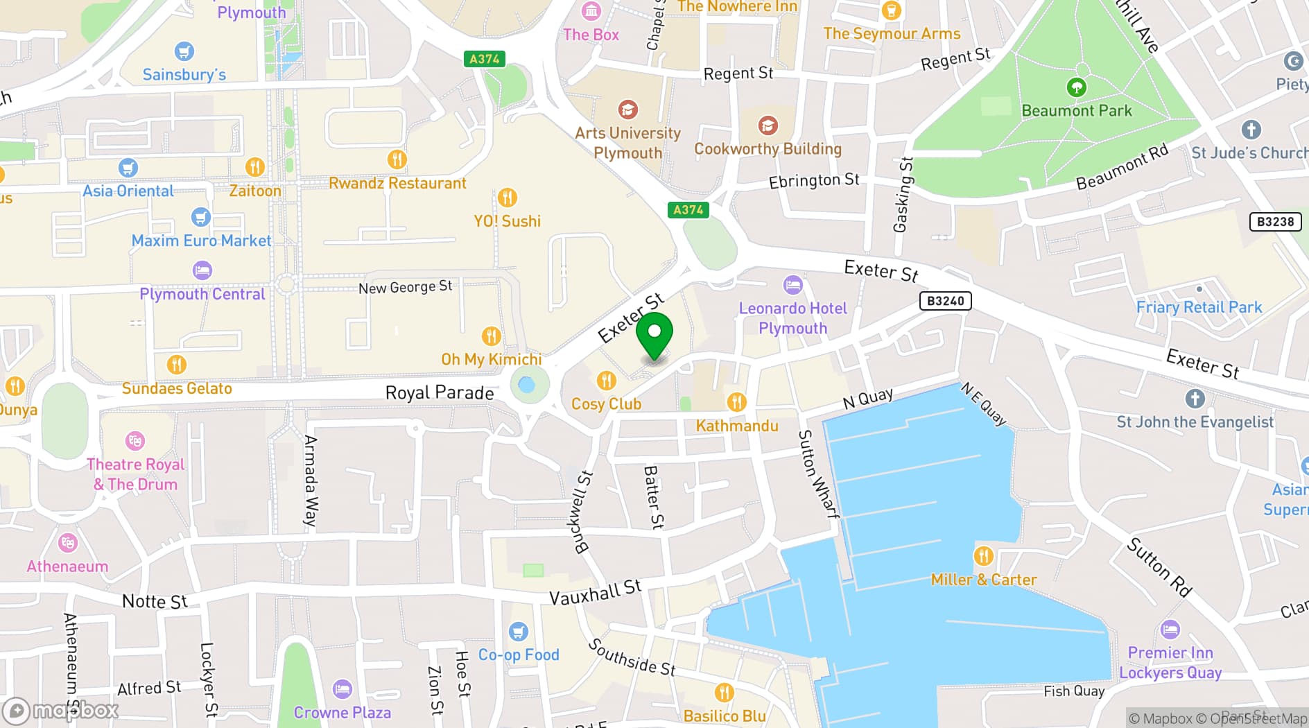 Map showing Spinners Plymouth