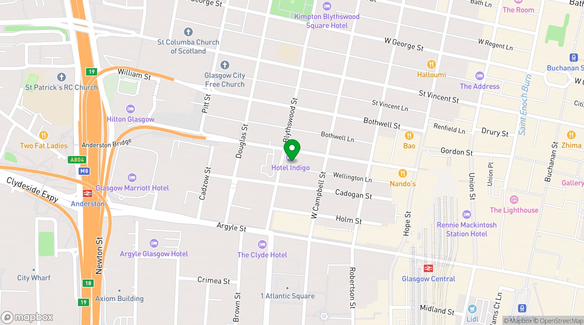 Map showing Hotel Indigo Glasgow