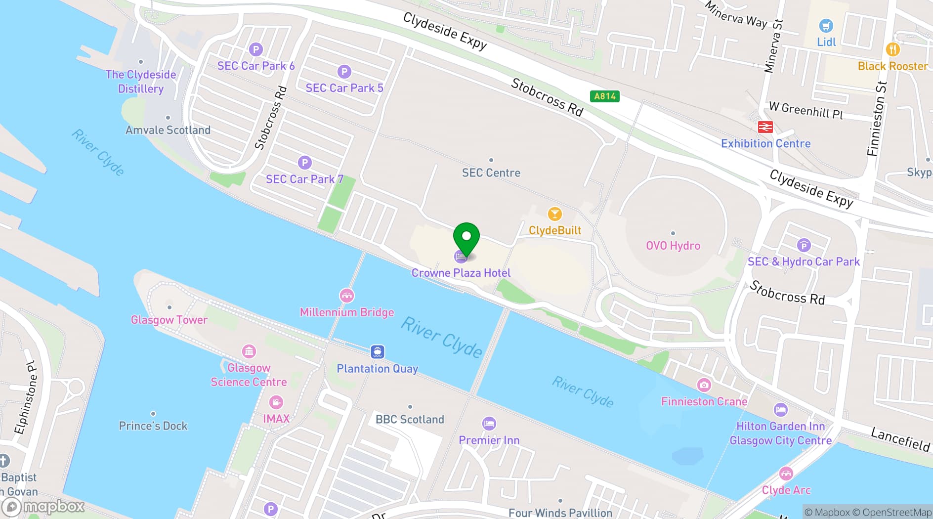 Map showing Crowne Plaza Glasgow